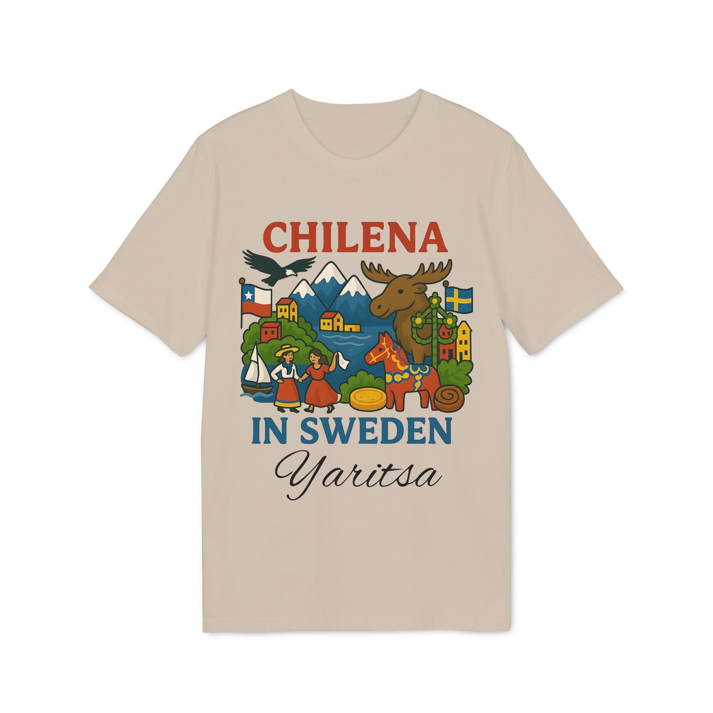 Alt Tag: Chilena Sweden Personalized With Name 100% Organic Cotton T-Shirt beige tee with “Chilena in Sweden” graphic and custom name