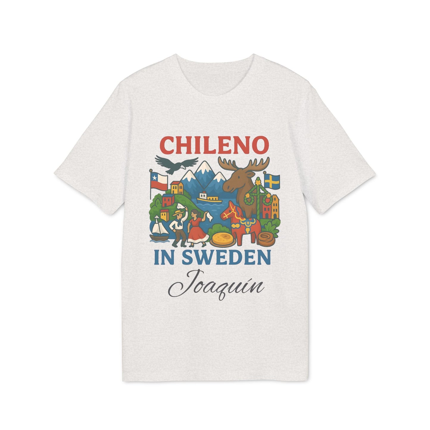 Alt Tag: Chileno Sweden Personalized With Name 100% Organic Cotton T-Shirt, "Chileno in Sweden" graphic tee with custom name Joaquin
