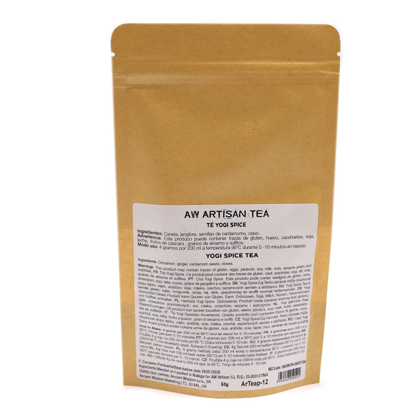 Alt Tag: Cinnamon & Ginger Tea Blend – 50G bolsa de té artesanal Yogi Spice, empaque kraft con etiqueta de ingredientes y preparación