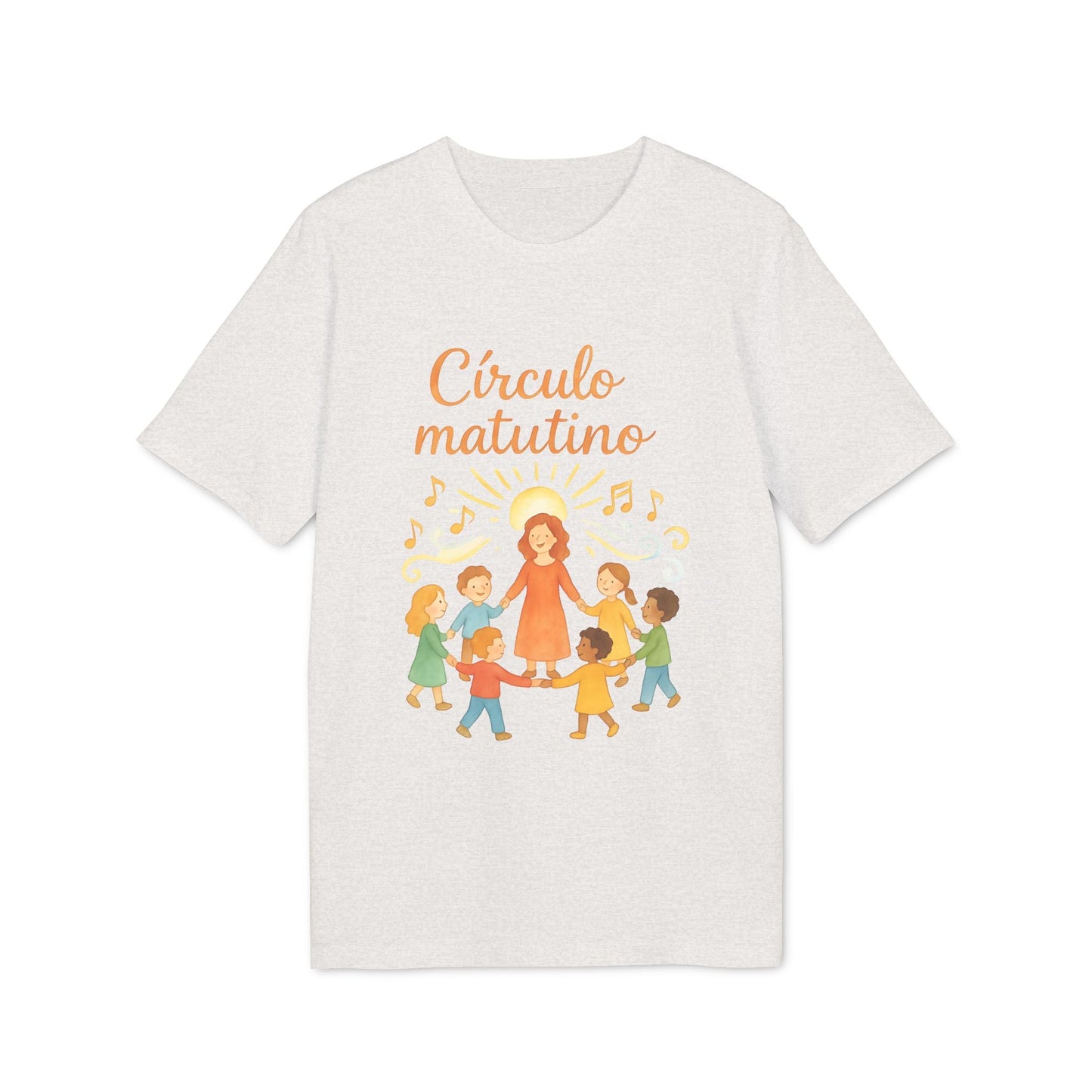 Alt Tag: Circulo Matutino Waldorf Premium Unisex T-Shirt color claro con ilustración de maestra y niños en círculo, texto “Círculo matutino”