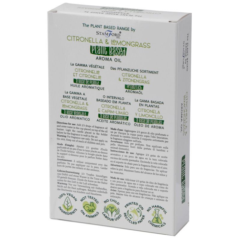 Alt Tag: Citronella Lemongrass Aroma Oil – 44G planta-based aroma oil caja, fragancia citronella y lemongrass para difusor, 44 g