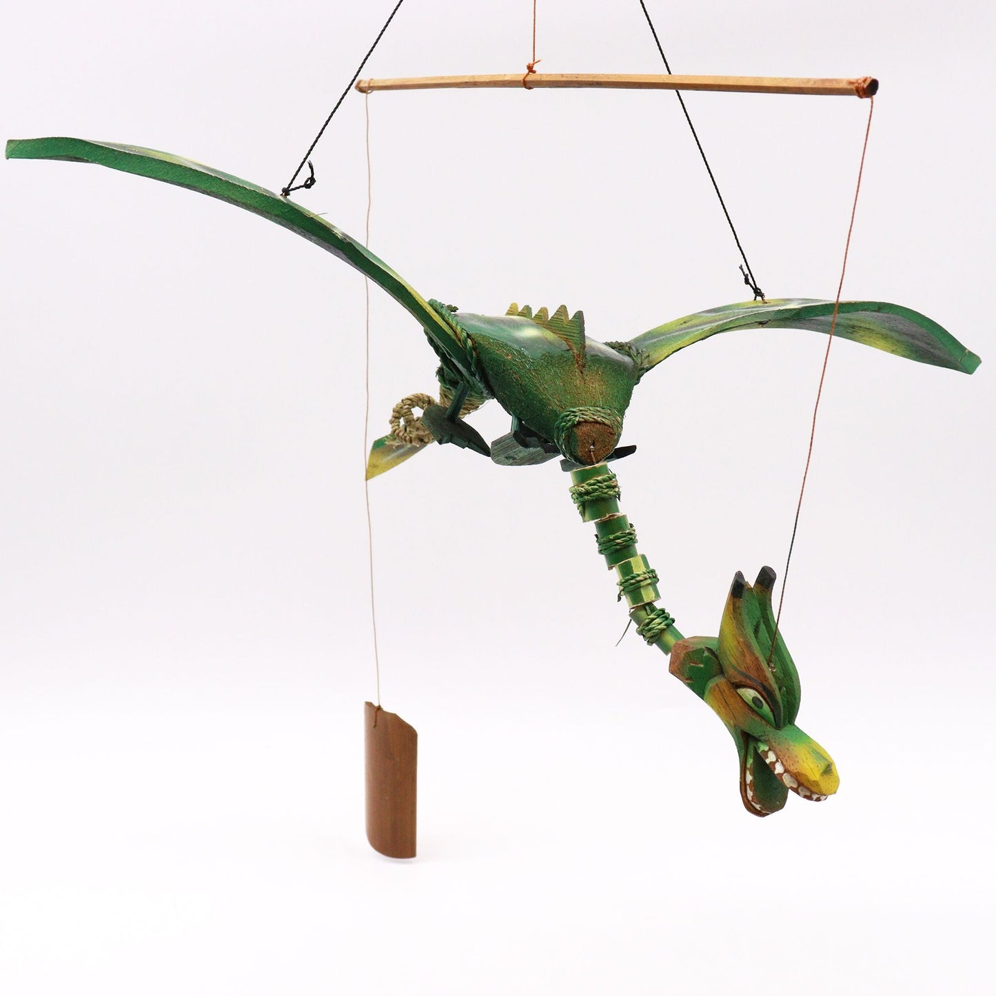 Coconut Dragon Mobile – 37CM handmade coconut dragon hanging mobile with green wings for garden or interior decor
