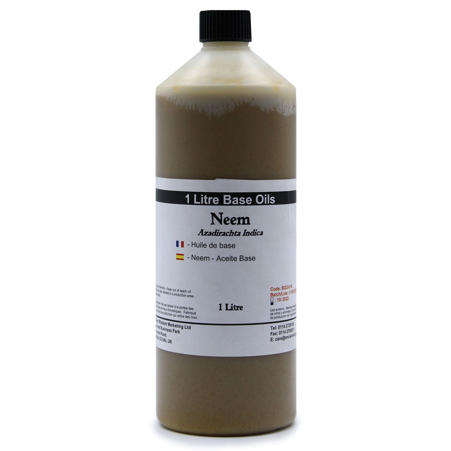 Cold Pressed Neem Oil – 1 Litre bottle of neem base oil, 1L with black cap and label, cold-pressed premium base oil