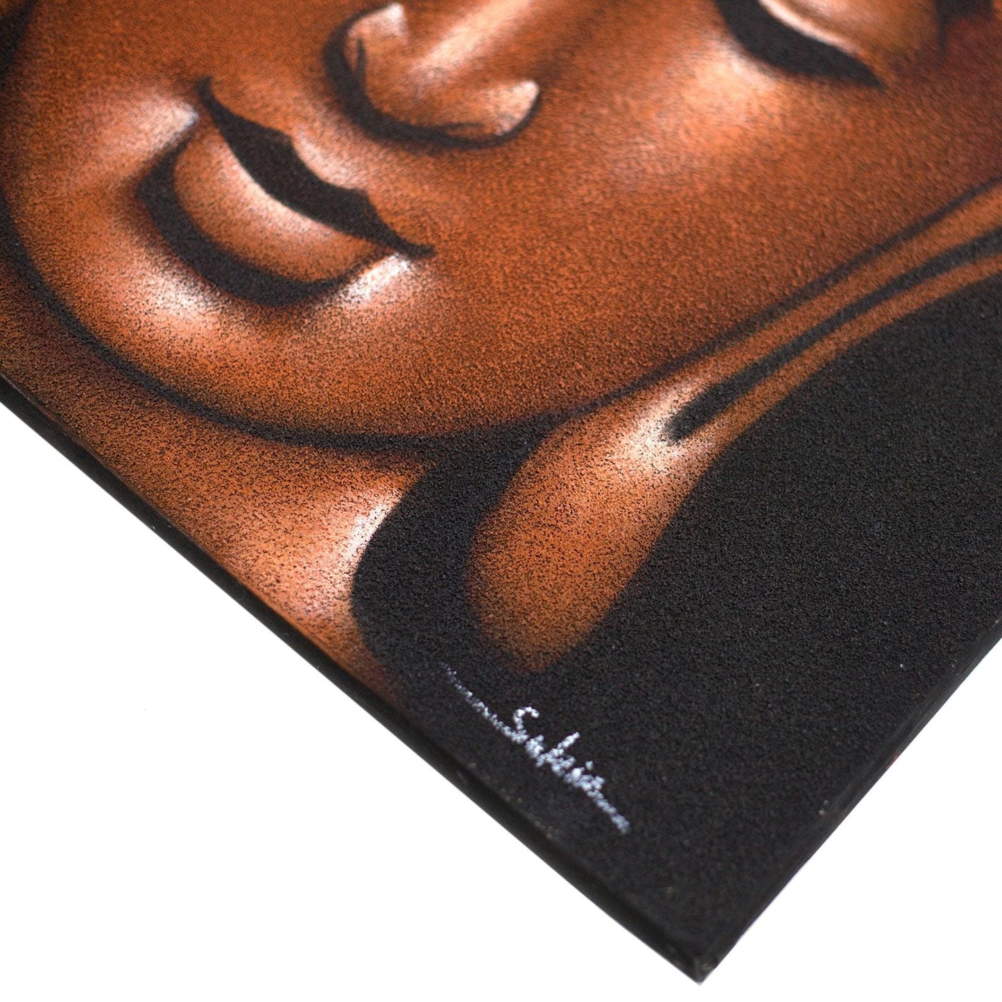 Copper Sand Finish Buddha Painting – 80x60 CM, detalle de rostro de Buda en acabado arena cobre sobre lienzo con marco de madera