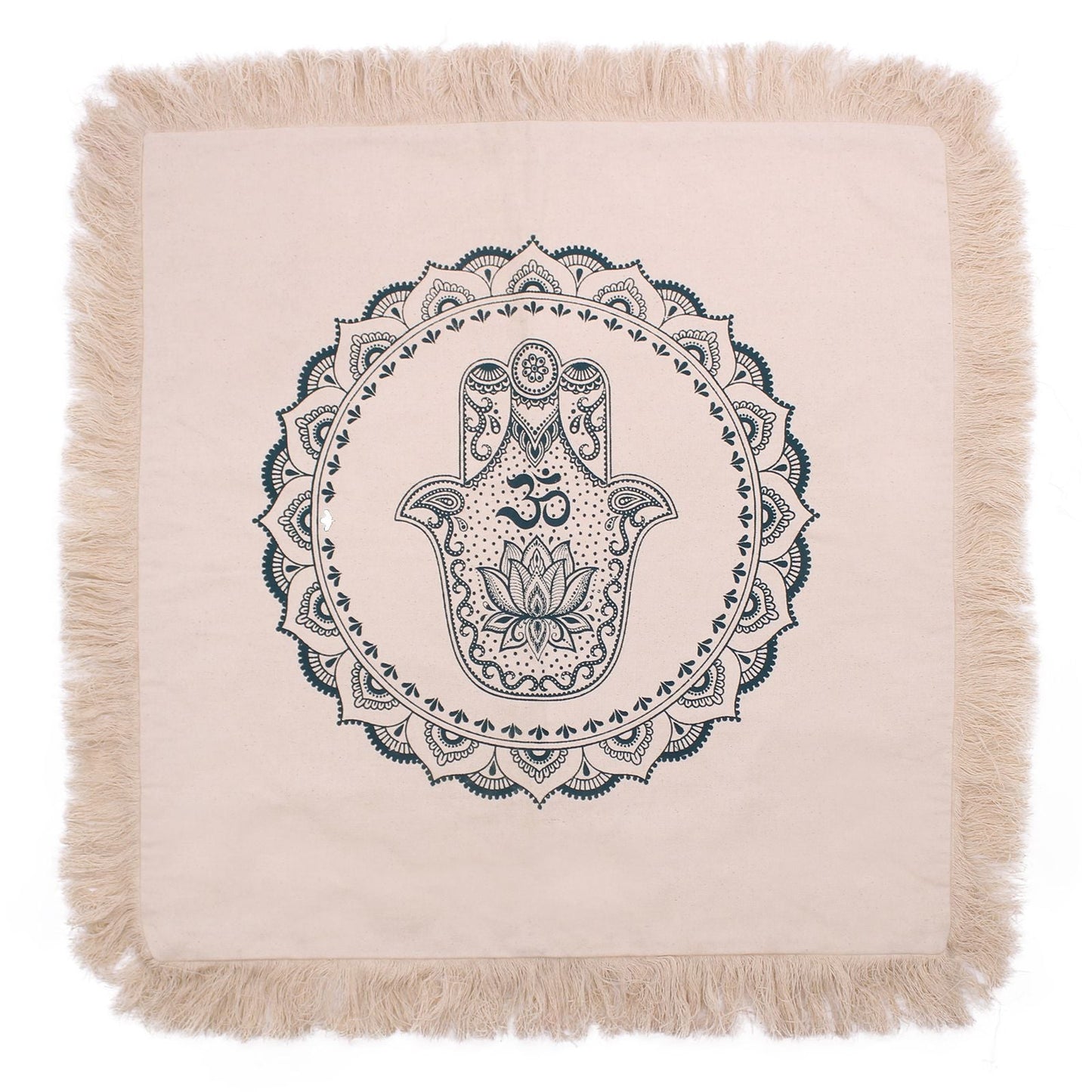 Alt Tag: Cotton Hamsa Mandala Cushion Cover – 60x60 CM, Indonesian cotton cover with fringed edges and blue Hamsa mandala print