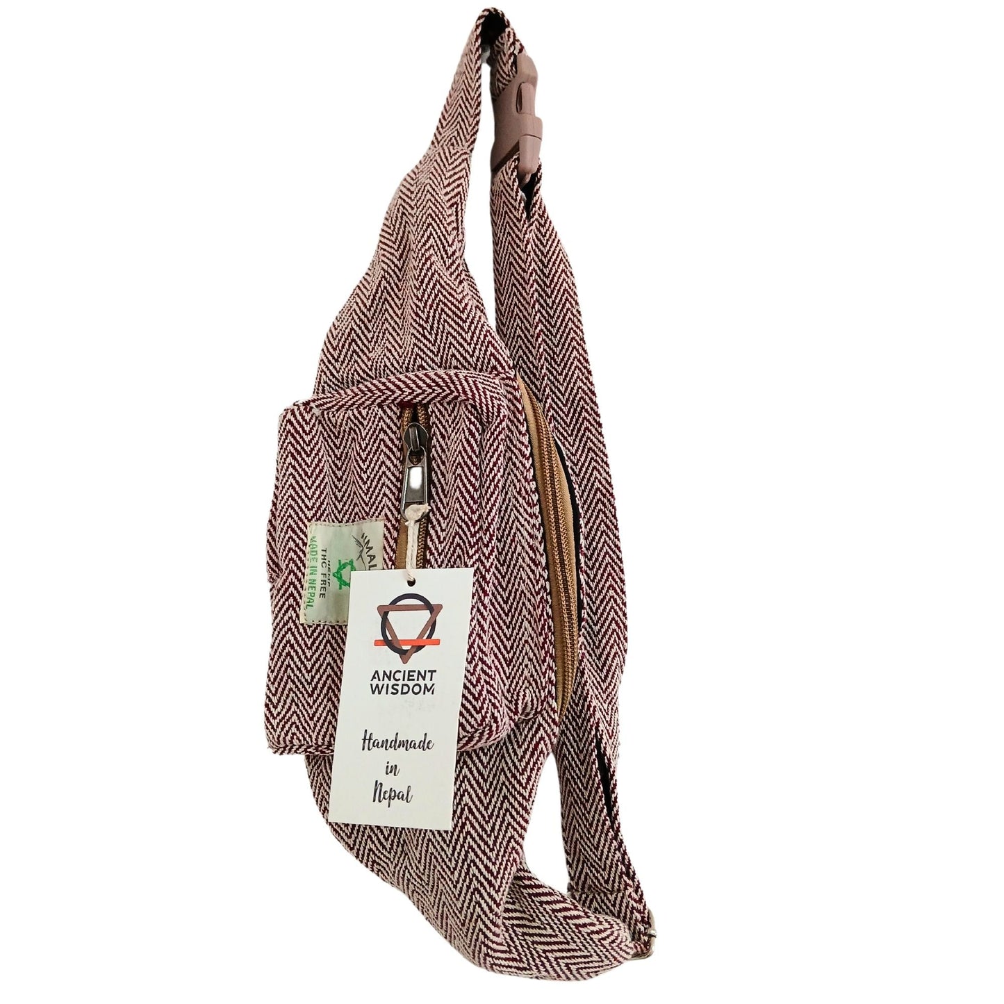 Cotton & Hemp Style Belt (Fanny) Bag – Burgundy, handcrafted cotton waist bag with hemp-style weave, zip pocket, 36x12x7 cm