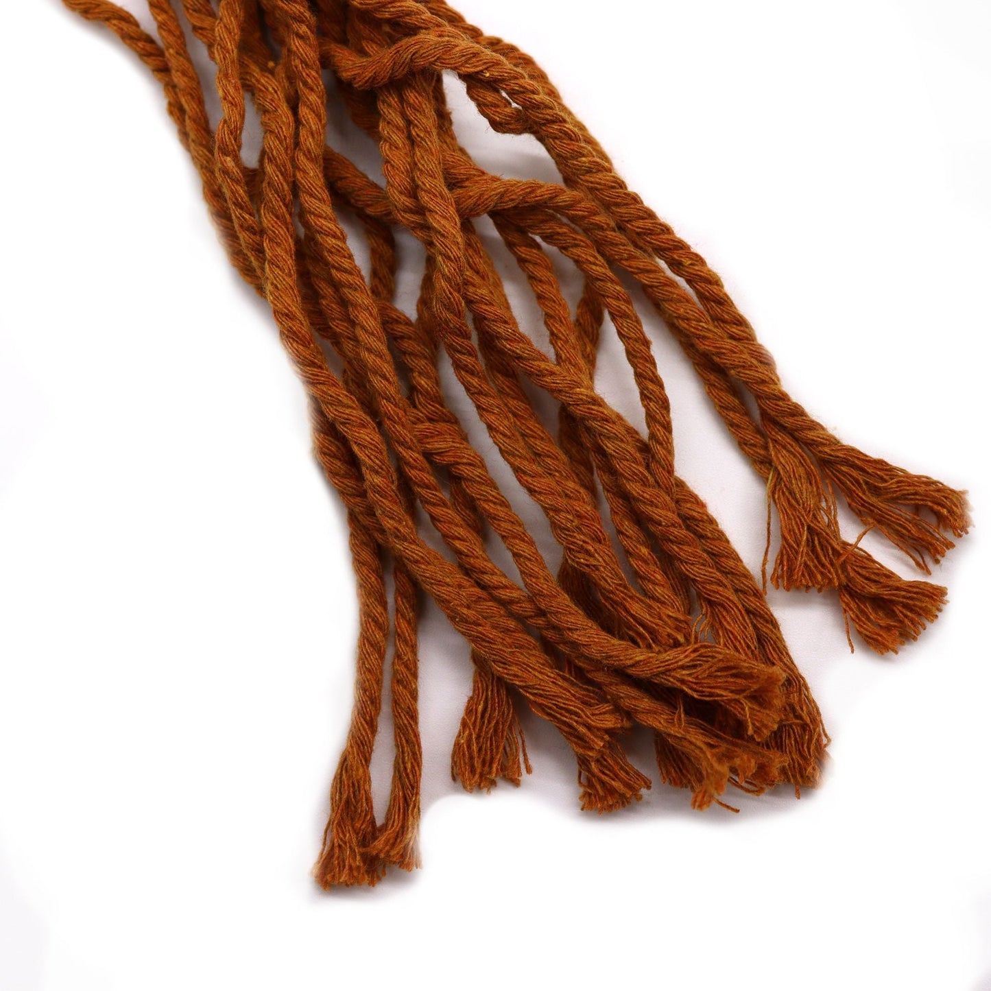 Alt Tag: Cotton Macrame Pot Holder – Medium Chocolate, chocolate cotton macrame cords and tassels close-up