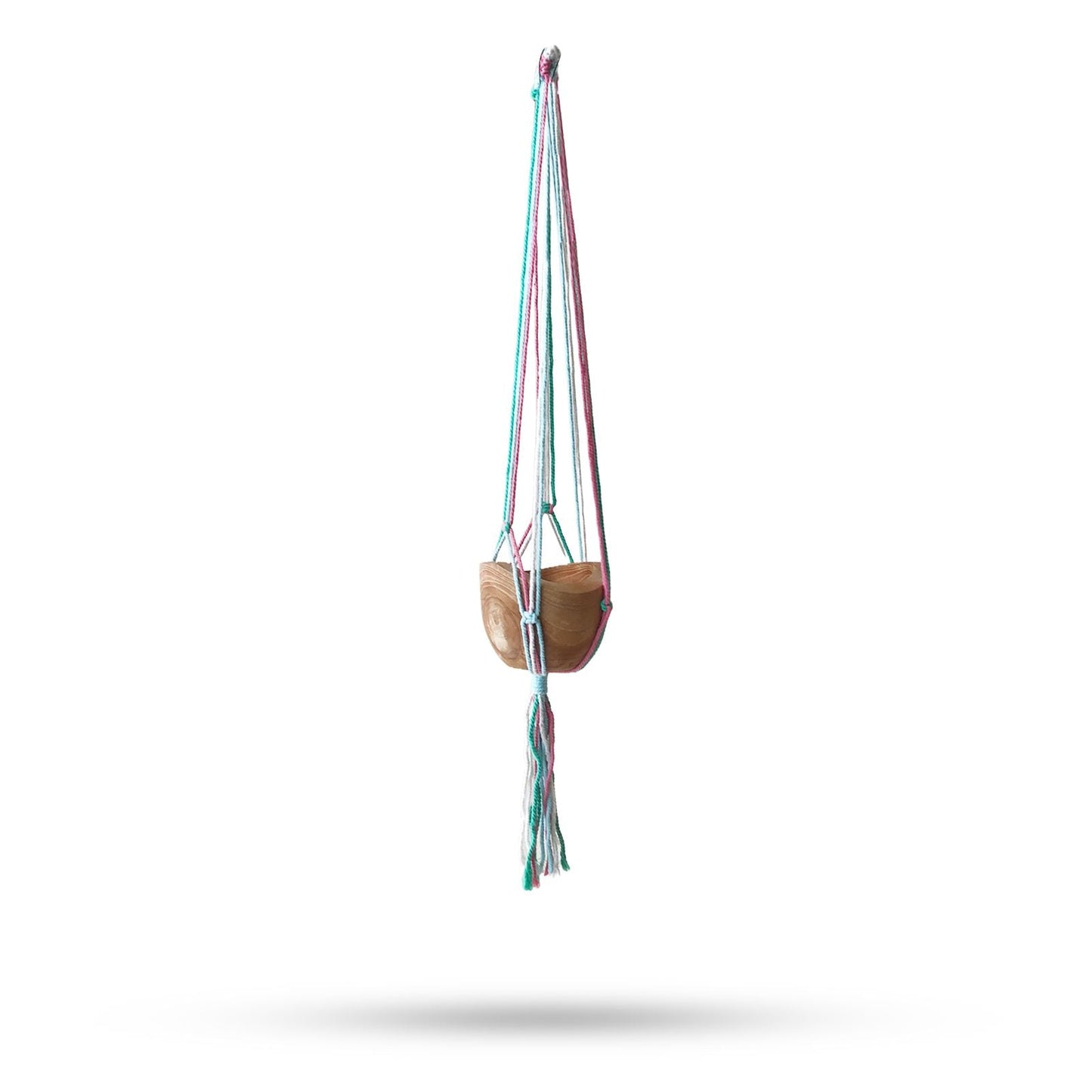 Cotton Macrame Pot Holder – Medium Pastel Bliss hanging cotton and wood plant hanger holding a medium pot in pastel colors