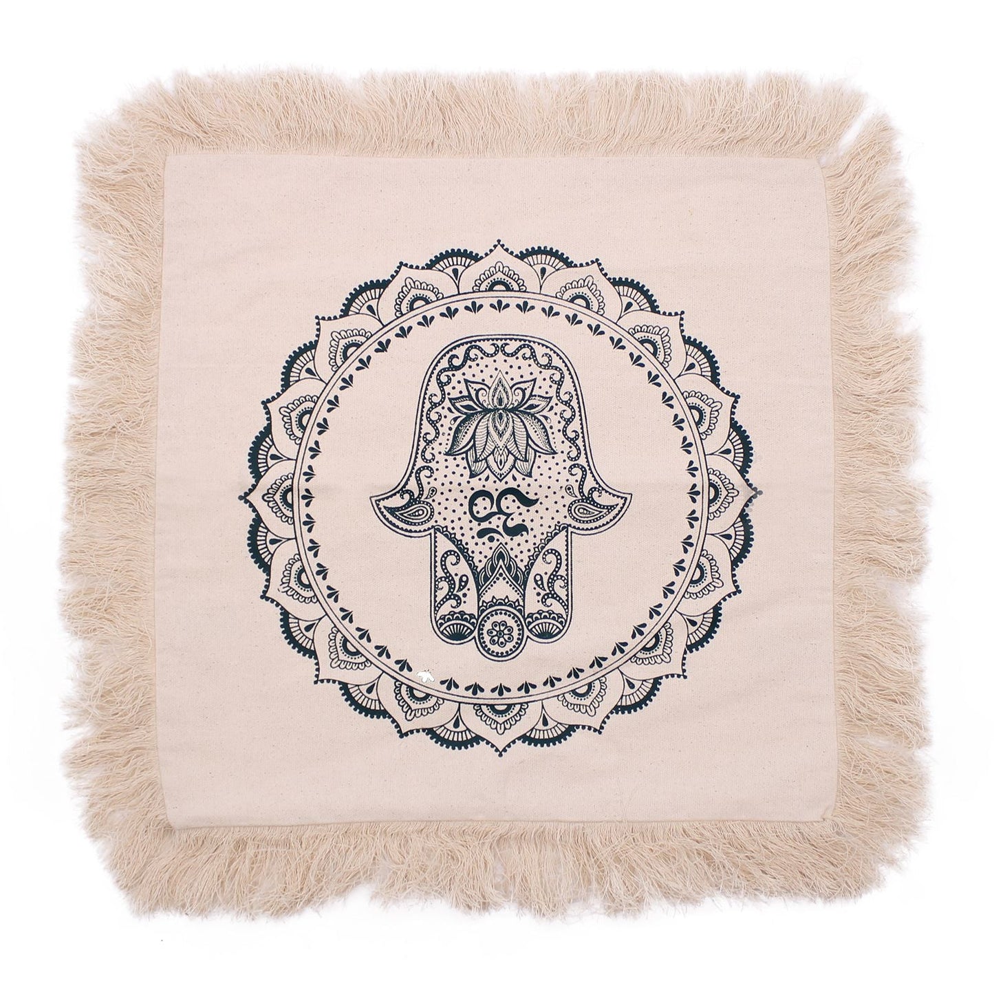 Alt Tag: Cotton Mandala Cushion Cover – 45x45 CM Green, cotton cushion cover with mandala hand design and fringe trim