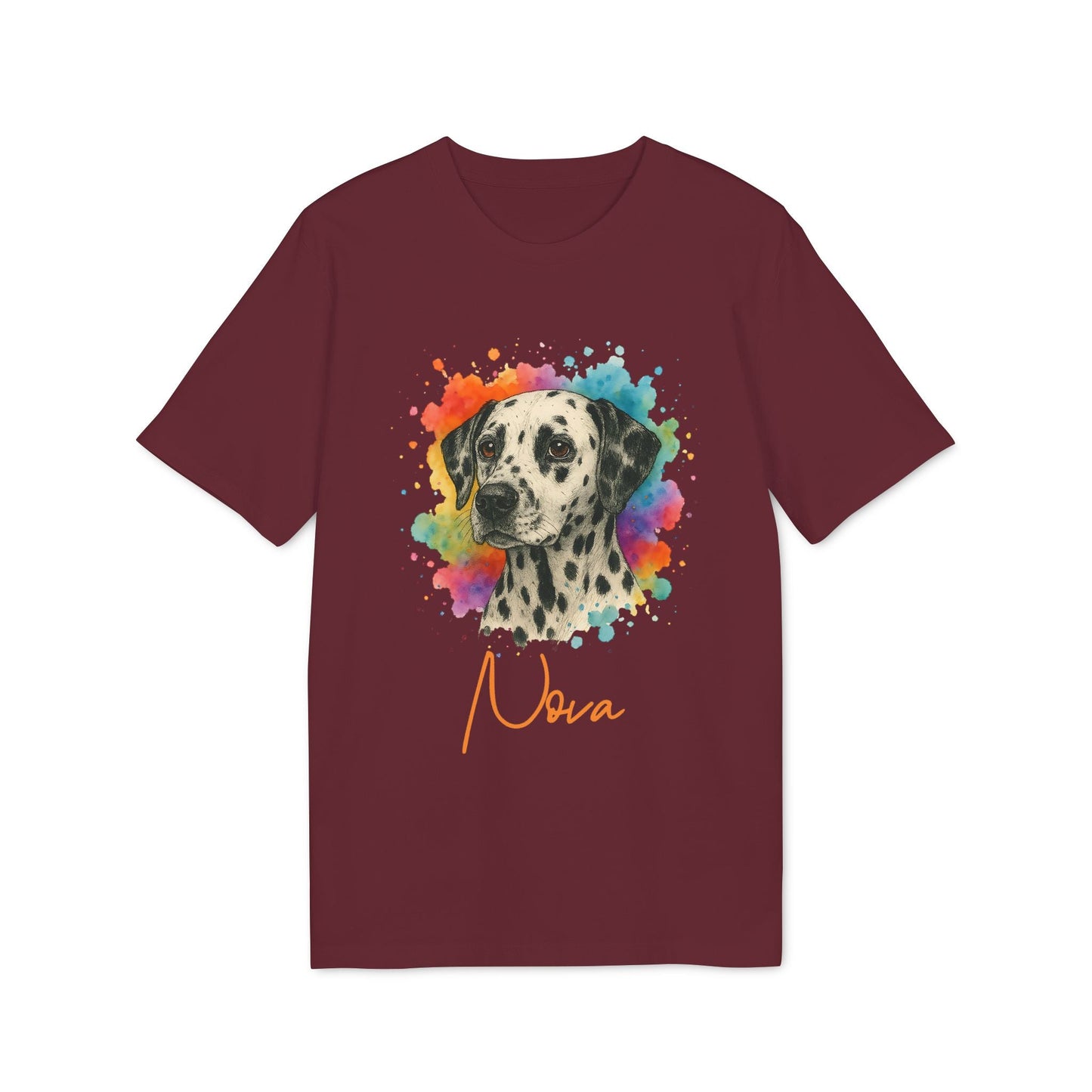 Dalmatian Personalized Dog Sustainable Unisex Tee burgundy t-shirt with watercolor Dalmatian portrait and custom name "Nova"