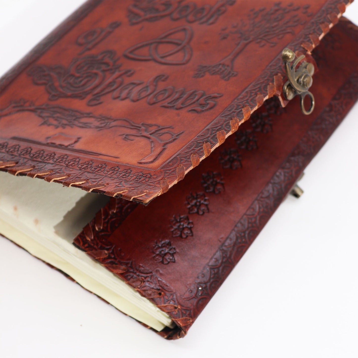 Alt Tag: Dark Tan Leather Book of Shadows – 25x18x3 CM genuine leather journal with embossed cover, clasp closure, and deckle-edge pages