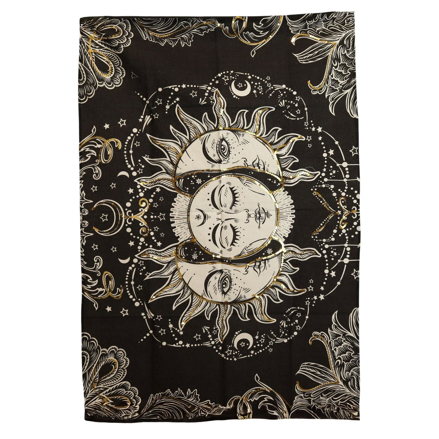 Elegant Cotton Wall Art – Sun Goddess 70x110 CM, tapiz de algodón negro con diseño celestial de sol y lunas en dorado