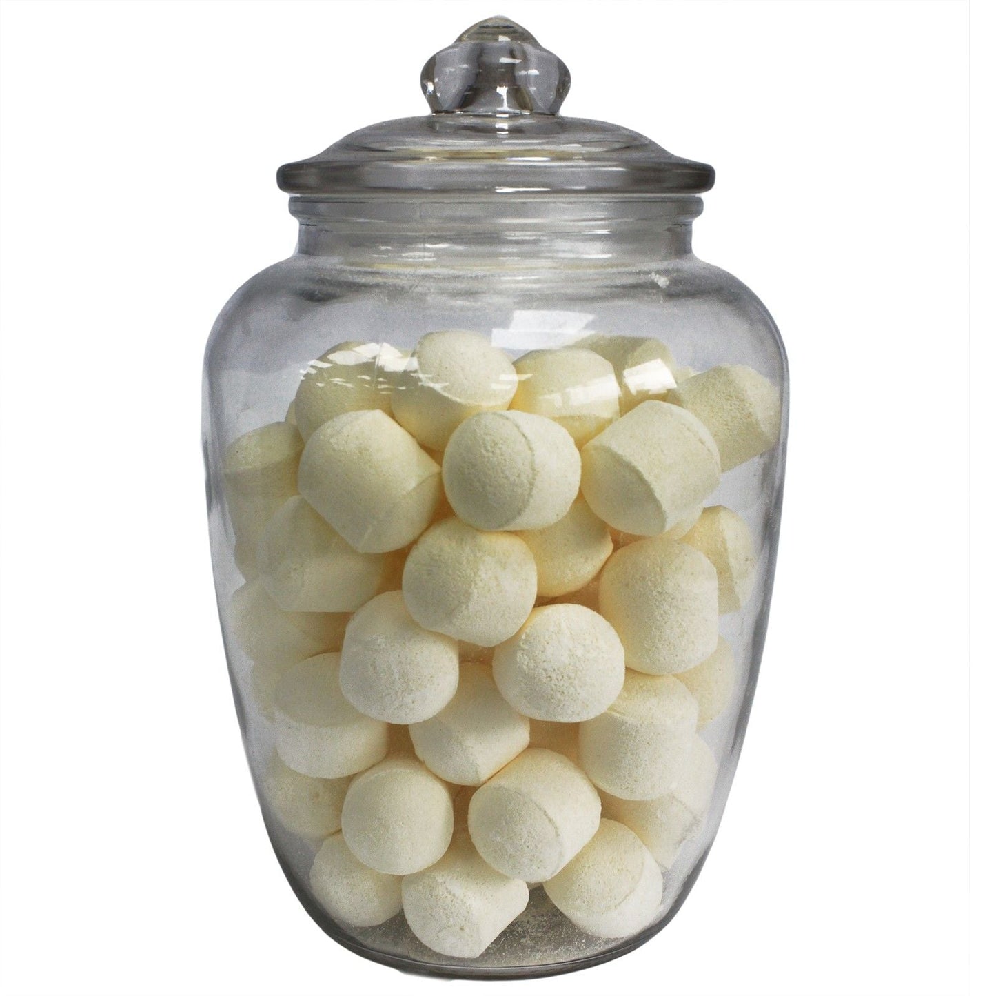 Alt Tag: Elegant Glass Candy Jar – 15x24.5 CM clear glass jar with lid, filled with white candies, elegant storage container