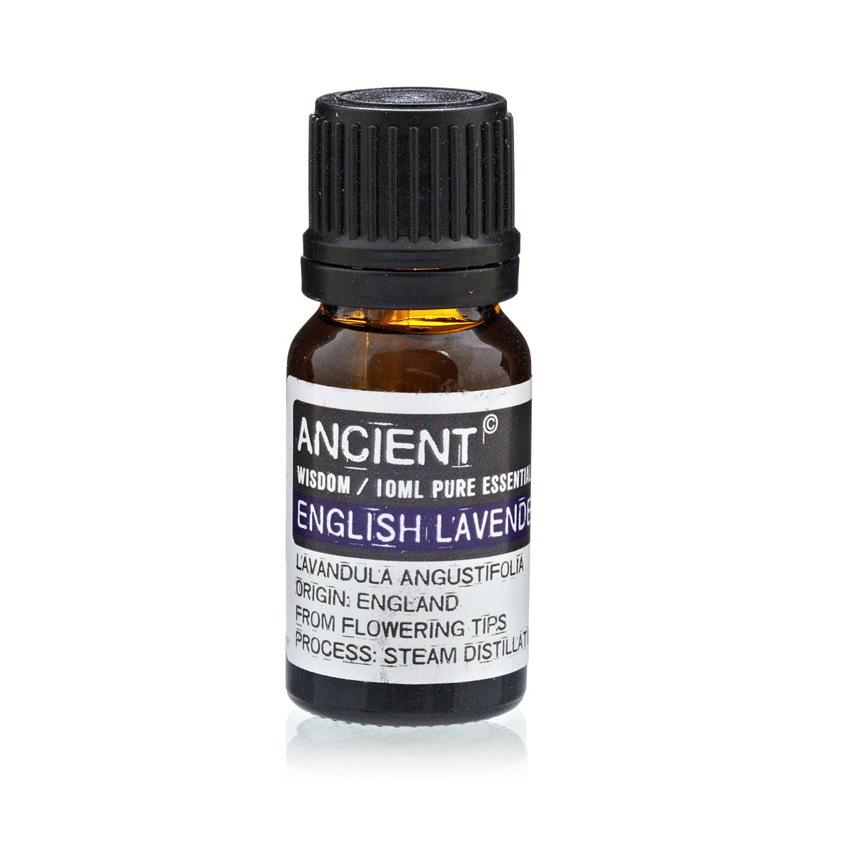 Alt-Tag: Englisches Lavendel-Ätherisches Öl – 10ML Braunglasflasche mit schwarzem Verschluss, Ancient Wisdom Etikett, durch Wasserdampfdestillation aus Blütenspitzen gewonnen