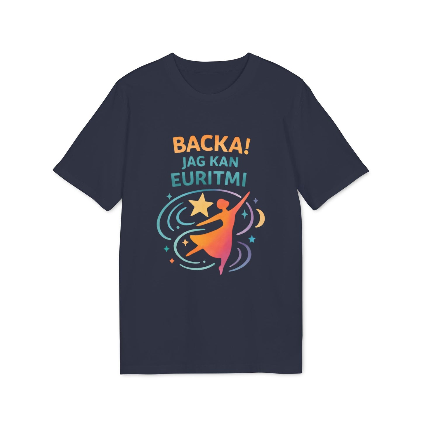 Alt Tag: Euritmi Waldorf Ekologist 100% Organic Cotton T-Shirt navy graphic tee with dancer silhouette and Swedish text “BACKA! JAG KAN EURITMI!”