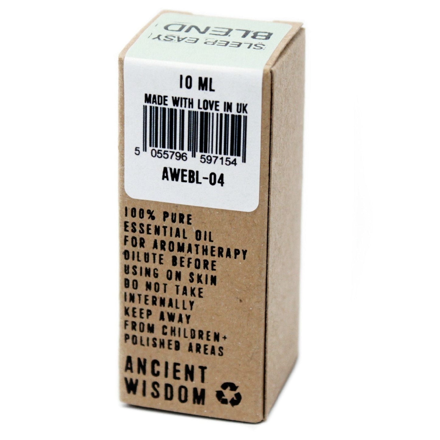 Alt Tag: Evening Essential Oil Blend – 10 ML caja de aceite esencial 10 ml con código de barras, etiqueta “Made with love in UK” y marca Ancient Wisdom