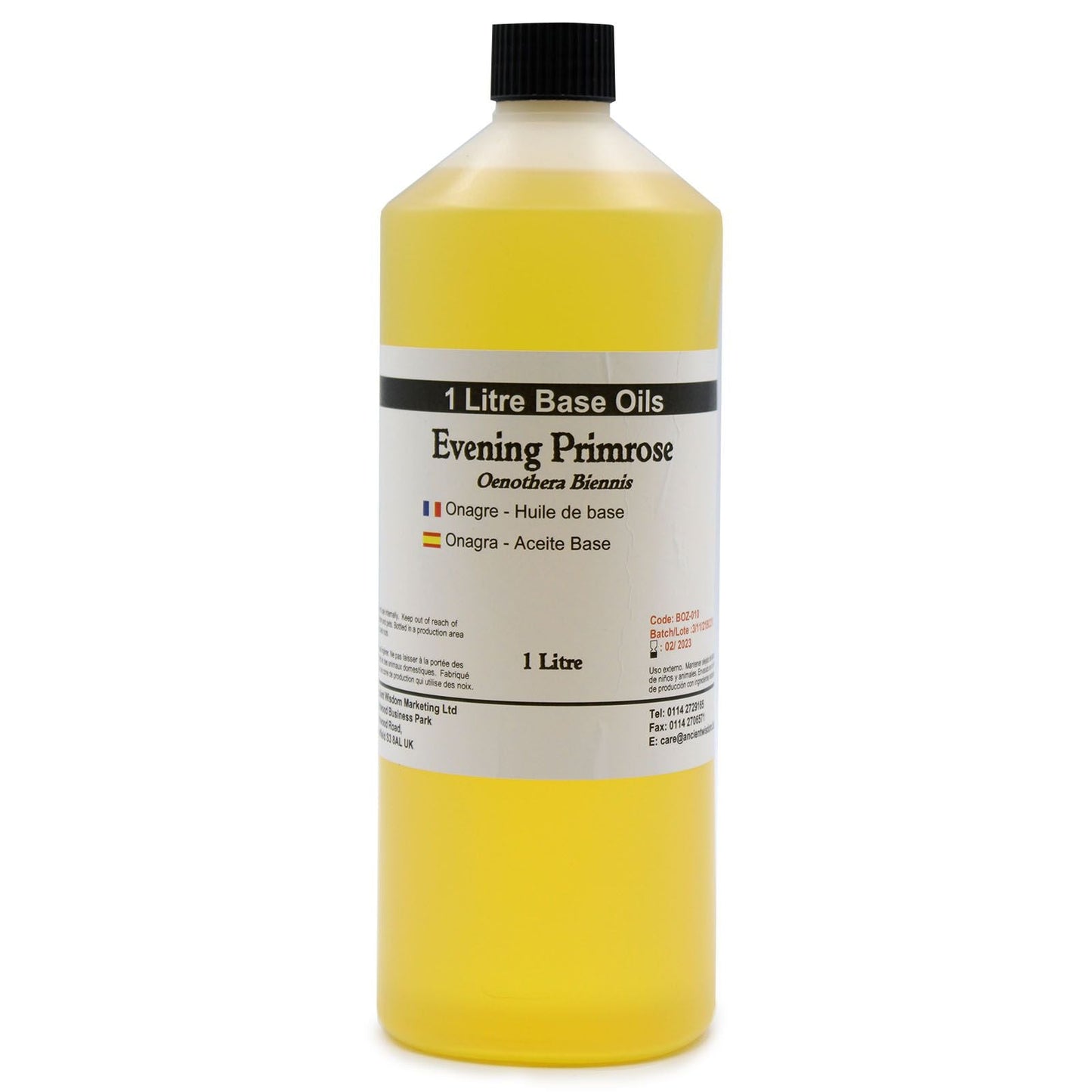 Alt Tag: Evening Primrose Base Oil – 1 Litre botella 1 litro, aceite base para masaje y cuidado de la piel