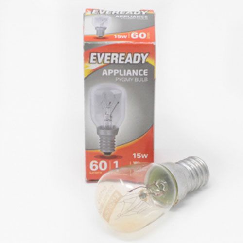 Bombilla pygmy Eveready Appliance 15W con casquillo de rosca E14 con caja de venta al por menor, lámpara incandescente transparente sobre fondo blanco