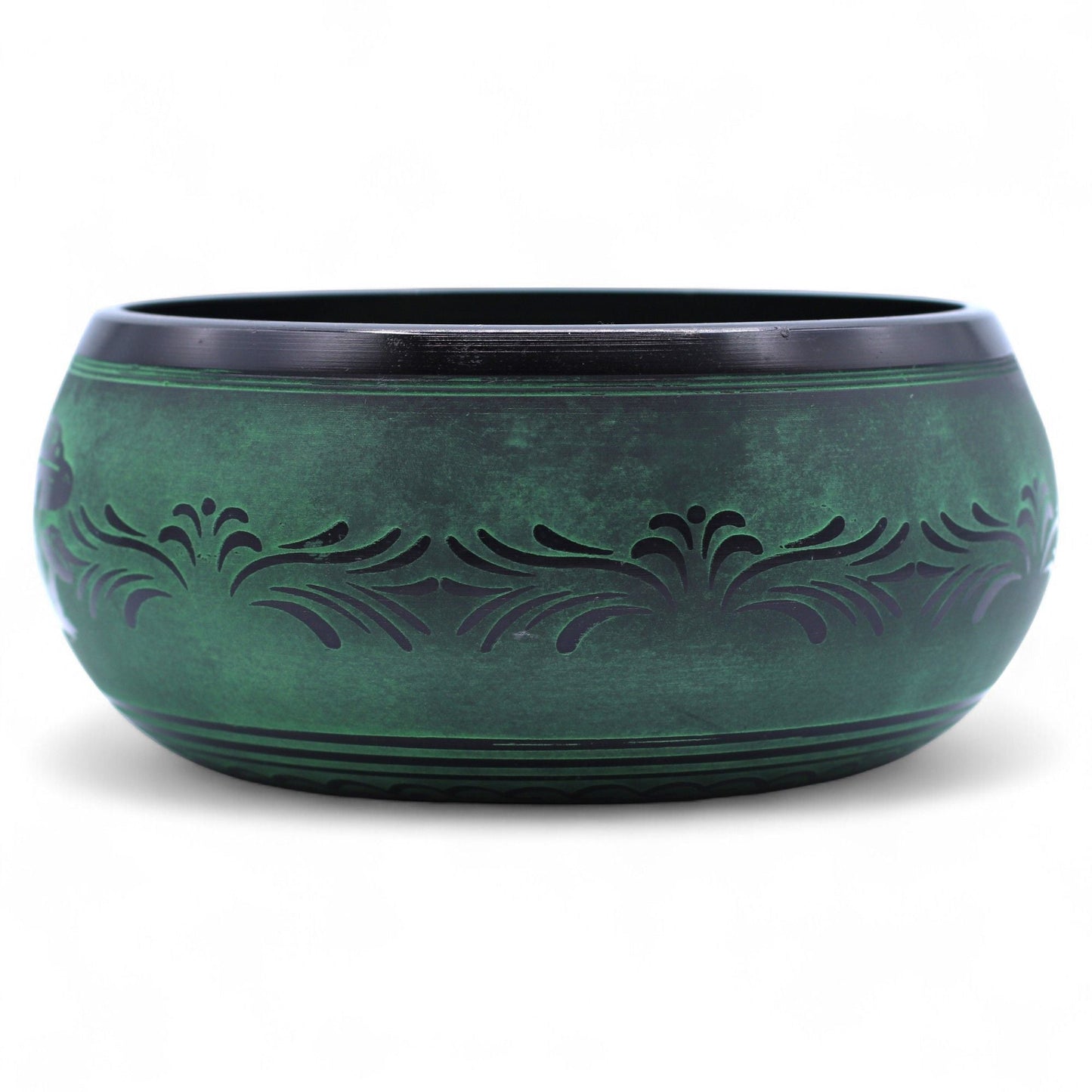 Alt-tagg: Extra Loud Mushroom Singing Bowl – mossgrön (23 × 10,5 CM, 1,3 KG) mossgrön skål med ingraverat blommönster, sidovy