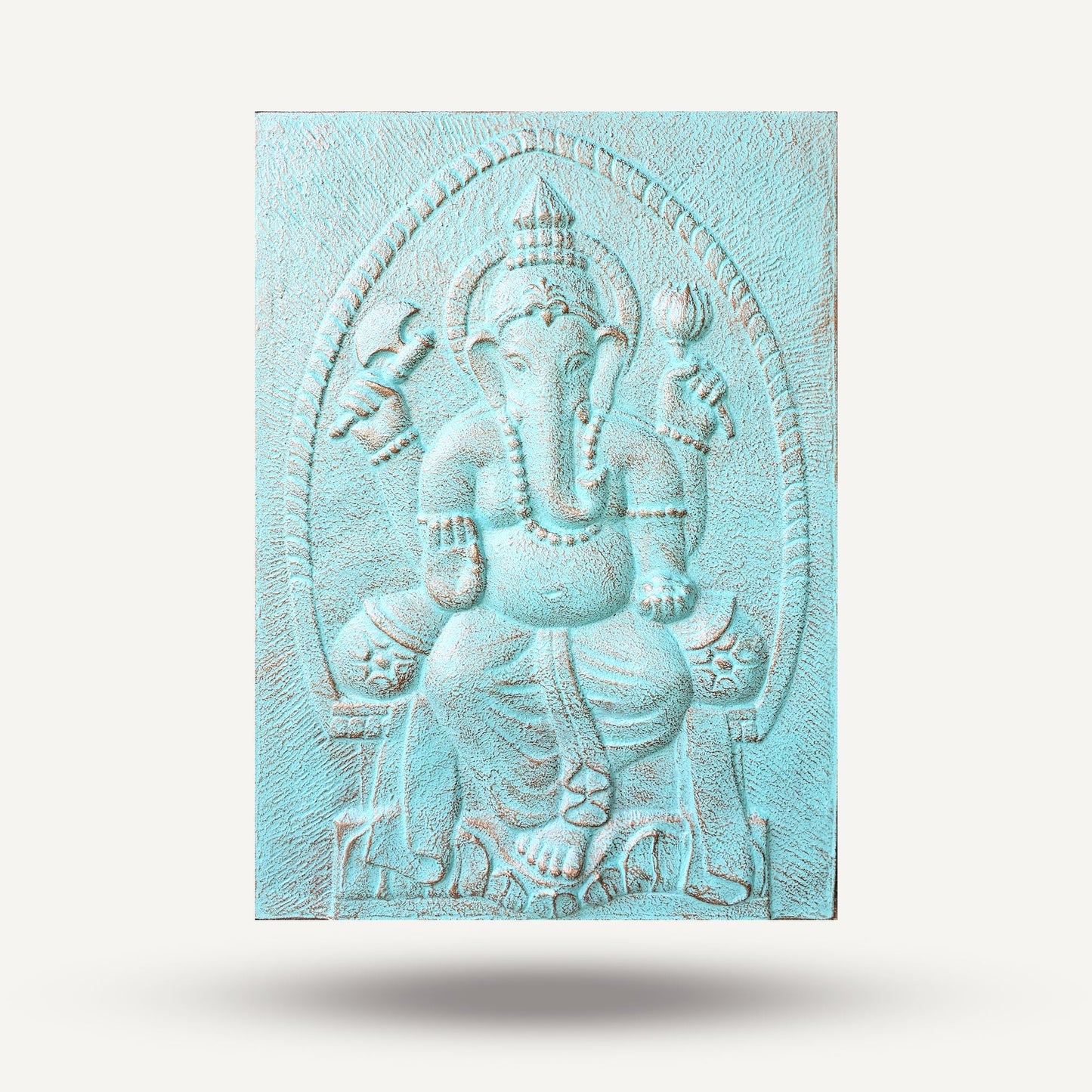 Fibre Cement Ganpati Wall Art – 100x70 CM turquoise embossed Ganesha wall panel decor