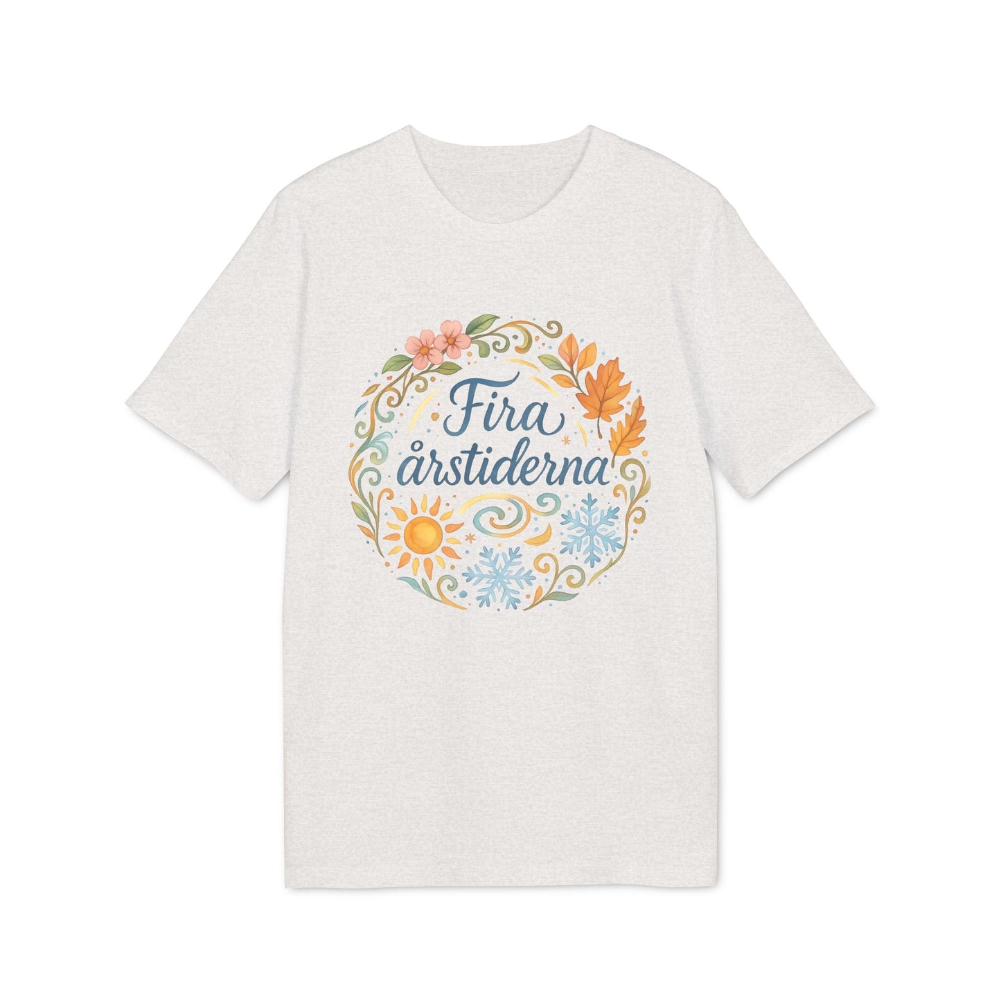 Alt Tag: Fira Årstiderna Rudolf Steiner Premium Unisex T-Shirt with seasonal floral wreath graphic on light heather tee