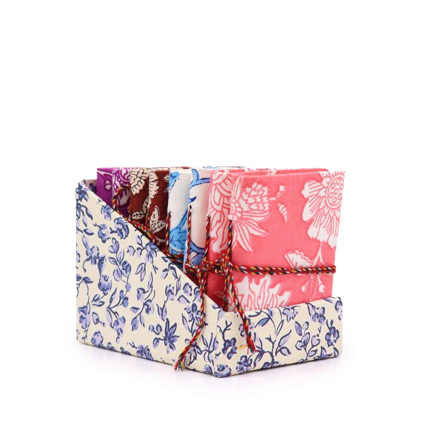 Alt Tag: Floral Cotton Notebooks – 7x10CM Assorted Set, assorted floral cotton notebooks bundle with fabric covers tied with string