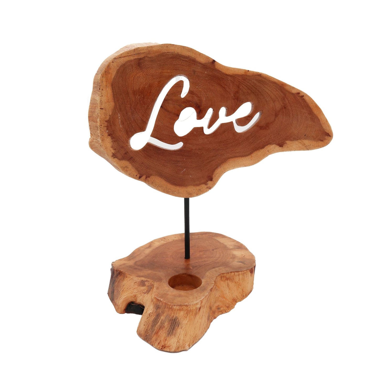 Alt Tag: Gamal Wood Candle Holder Sign – Love handmade Gamal wood tealight holder with Love sign, natural wood texture, Indonesia