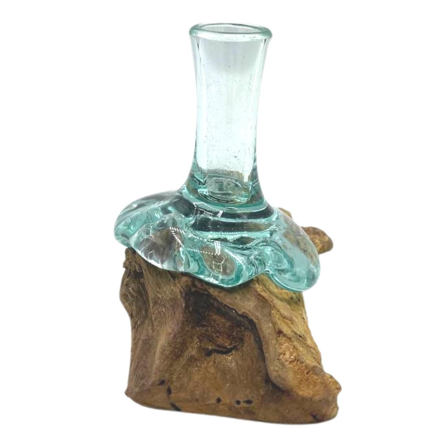 Alt Tag: Gamal Wood Molten Glass Flower Vase – Small with hand-blown recycled glass molded over natural Gamal wood base