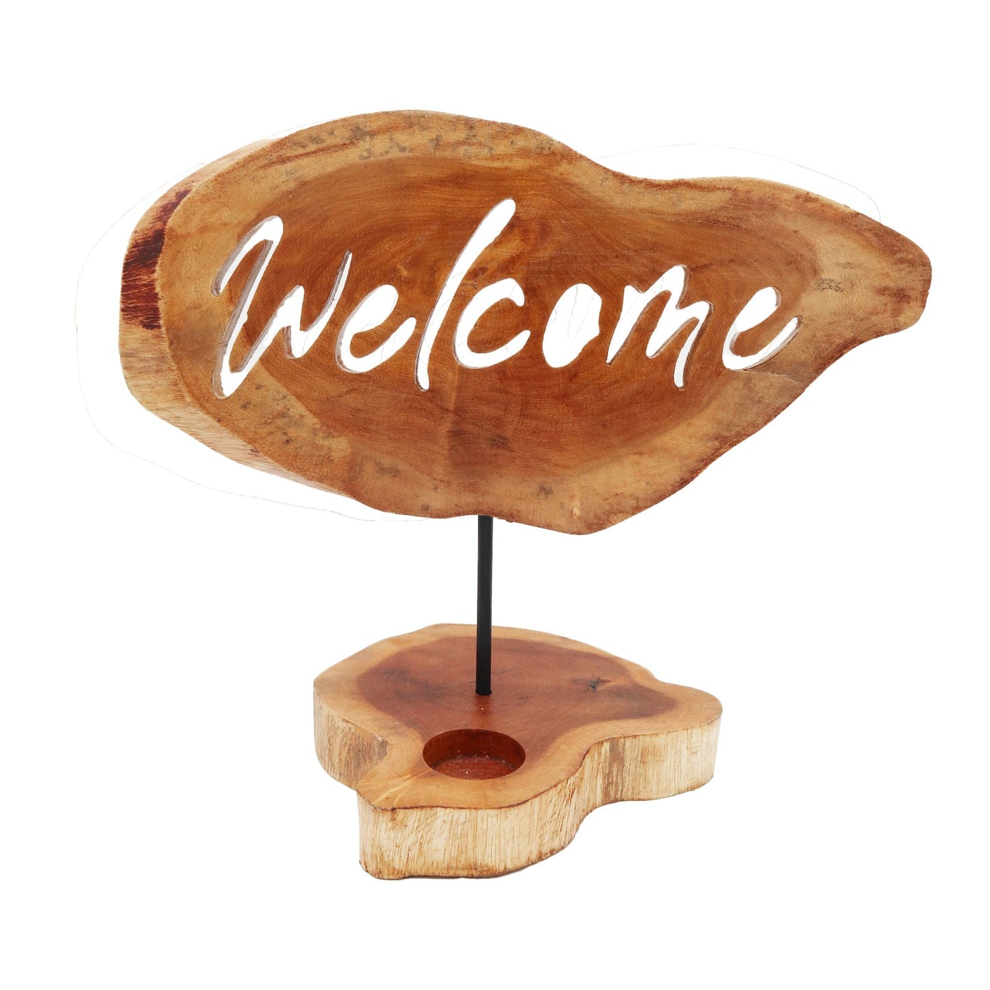 Gamal Wood Welcome Candle Holder – 34,5x21x27,5 CM ljushållare i trä med "Welcome"-skylt och metallställning