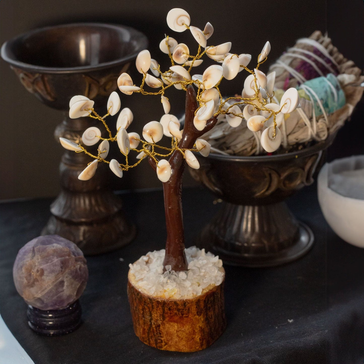 Gemstone Gomati Chakra Stone Tree – 60 Stones handcrafted wire bonsai with spiral shells on wooden base, home decor display