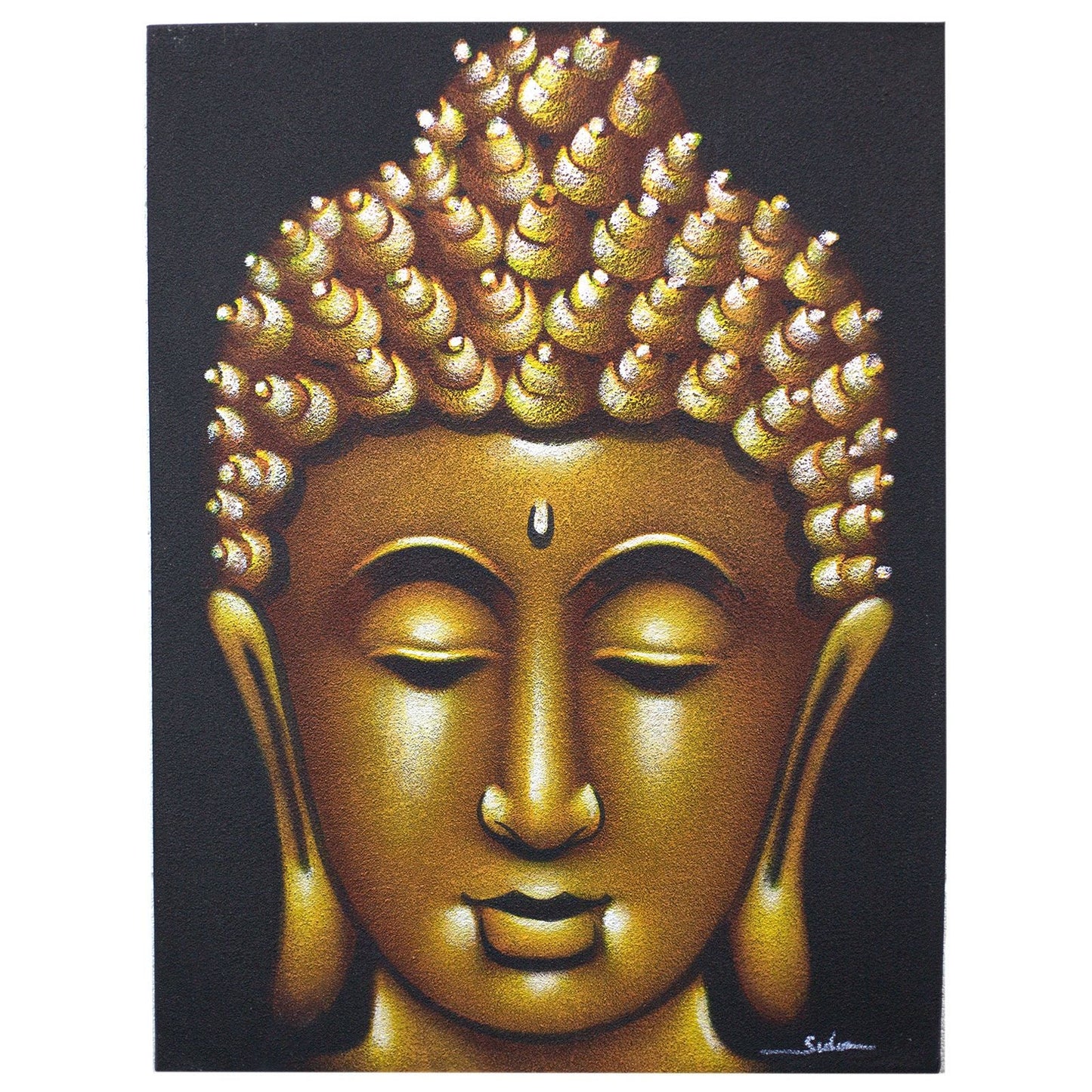 Alt Tag: Gold Sand Finish Buddha Painting – 80x60 CM close-up Buddha face with gold sand finish on canvas, handcrafted Balinese artwork