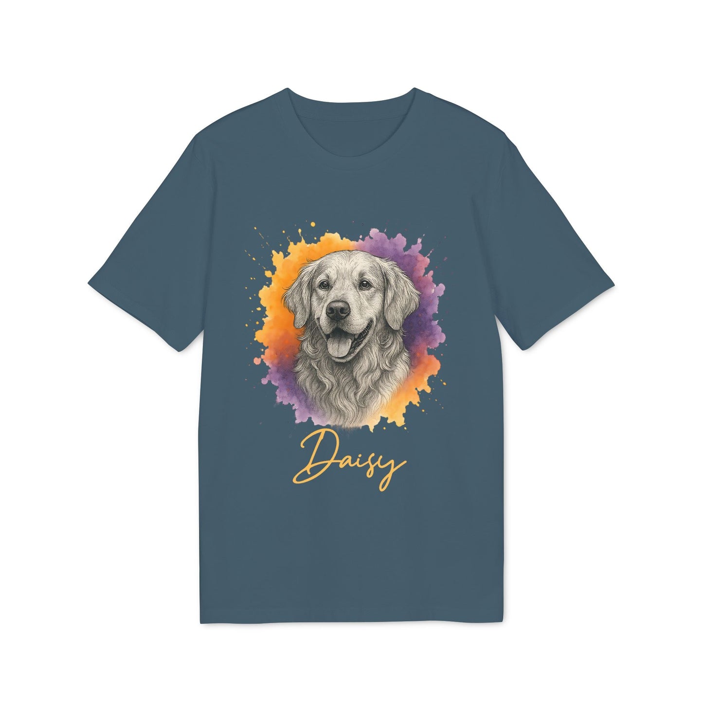 Alt Tag: Golden Retriever Personalized Sustainable Unisex Tee in blue with watercolor Golden Retriever portrait and name "Daisy"