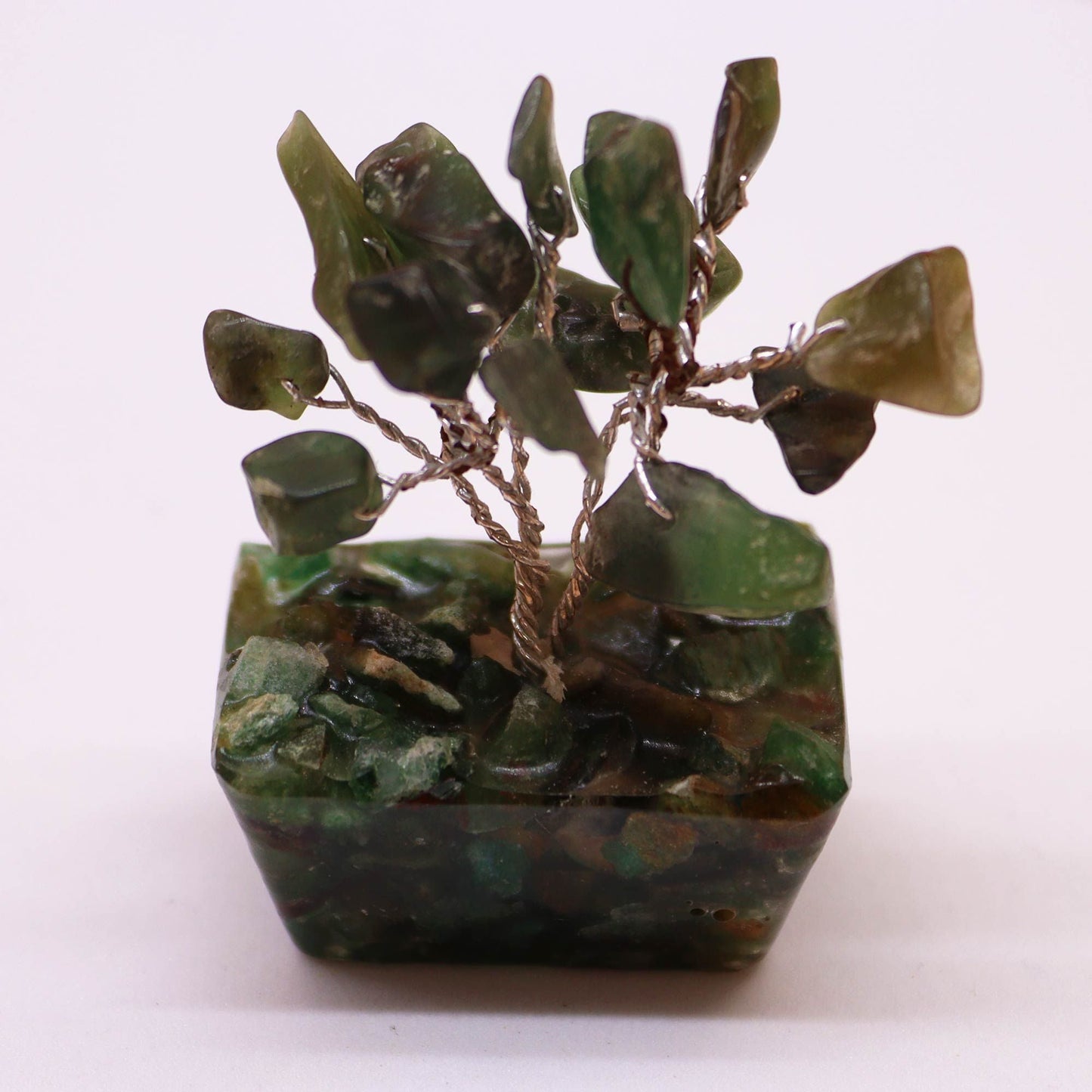 Green Aventurine Mini Gemstone Tree – 15 Stones with orgonite base, mini green crystal tree decor on white background