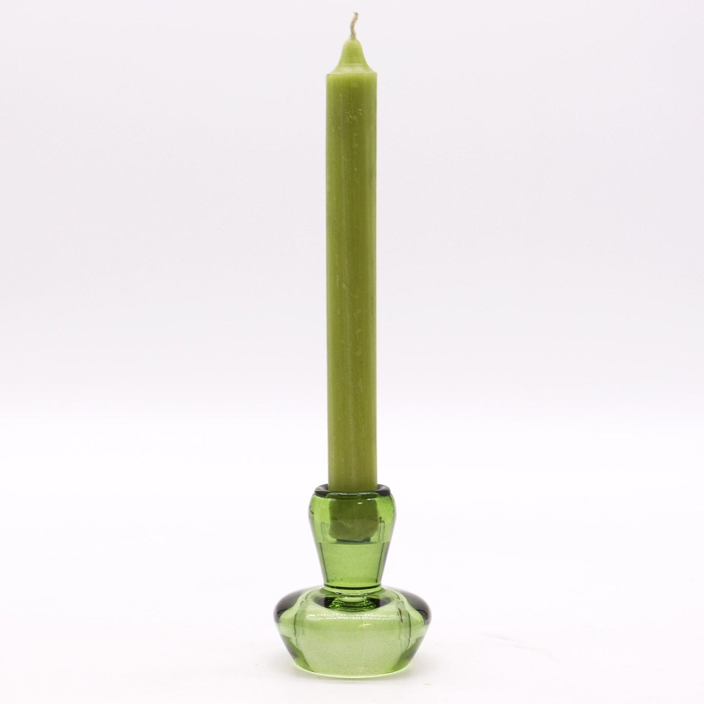 Pressed Glass Mushroom Flip Candle Holders – Set of 2 shown with green taper candle in pressed glass holder, tabletop decor