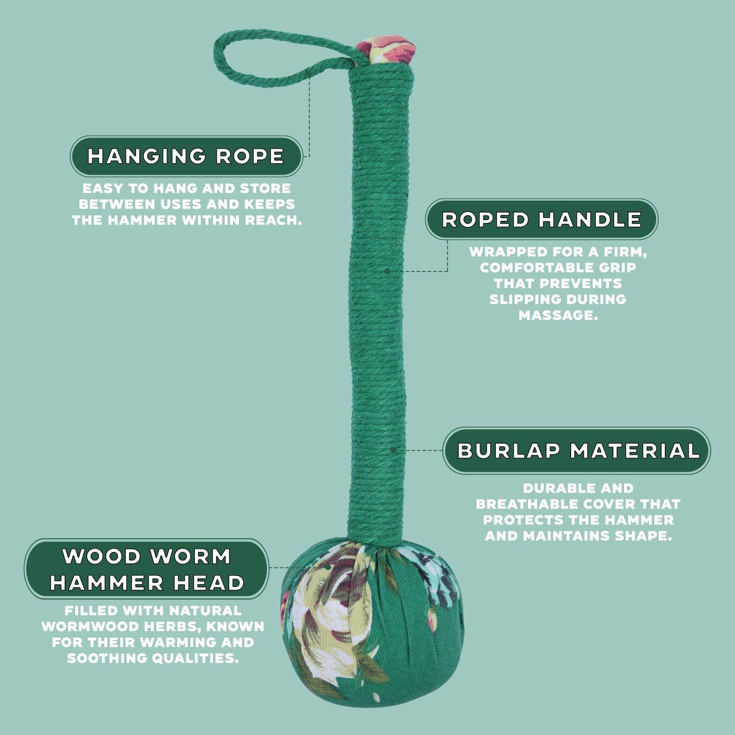 Alt Tag: Martillo de masaje de ajenjo verde – herramienta de madera con mango envuelto en cuerda, cuerda para colgar, material de arpillera y cabeza de martillo de madera
