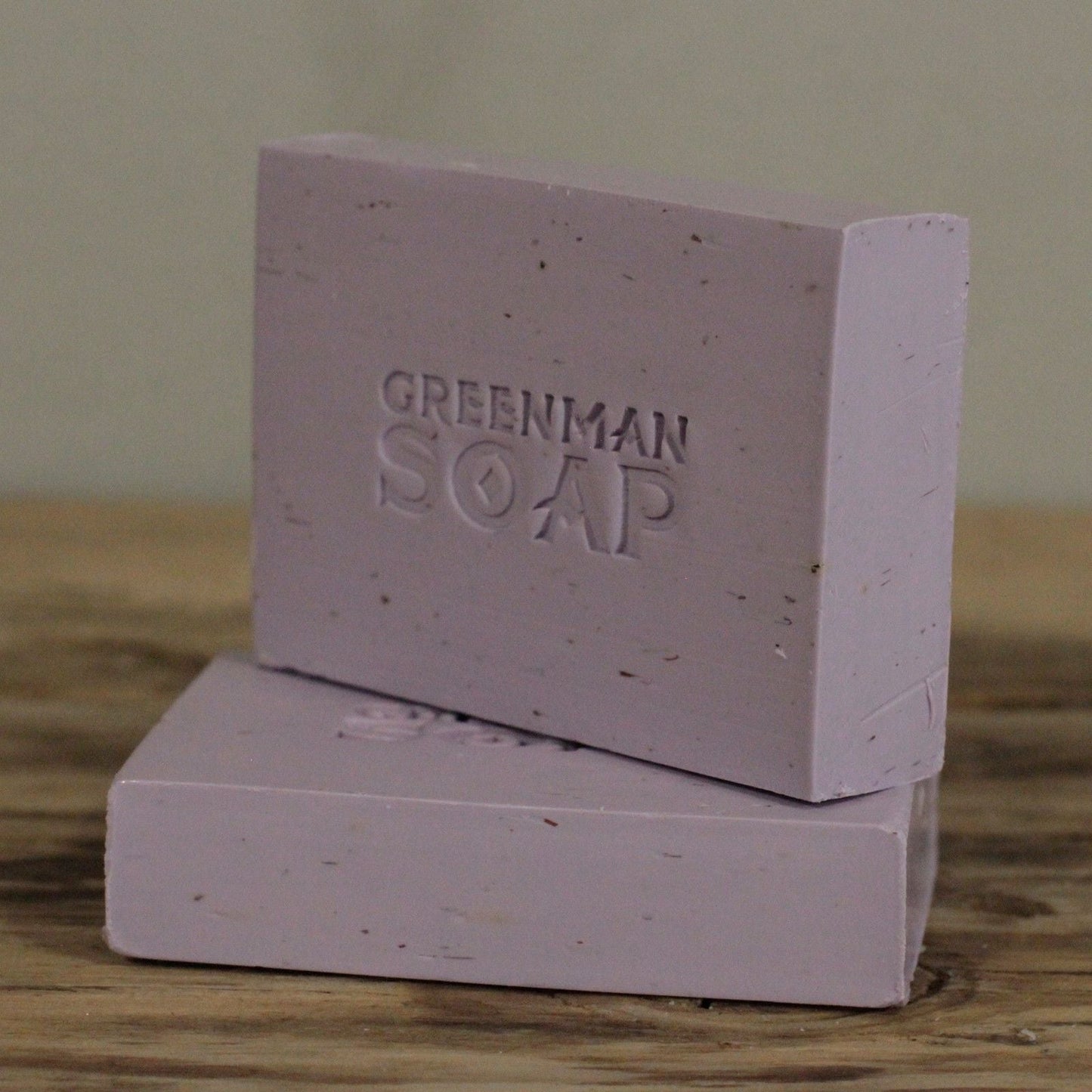 Alt Tag: Lavender & Geranium Night Soap – 100G Greenman Soap bar with lavender tone, stacked handmade botanical night-time cleansing soap