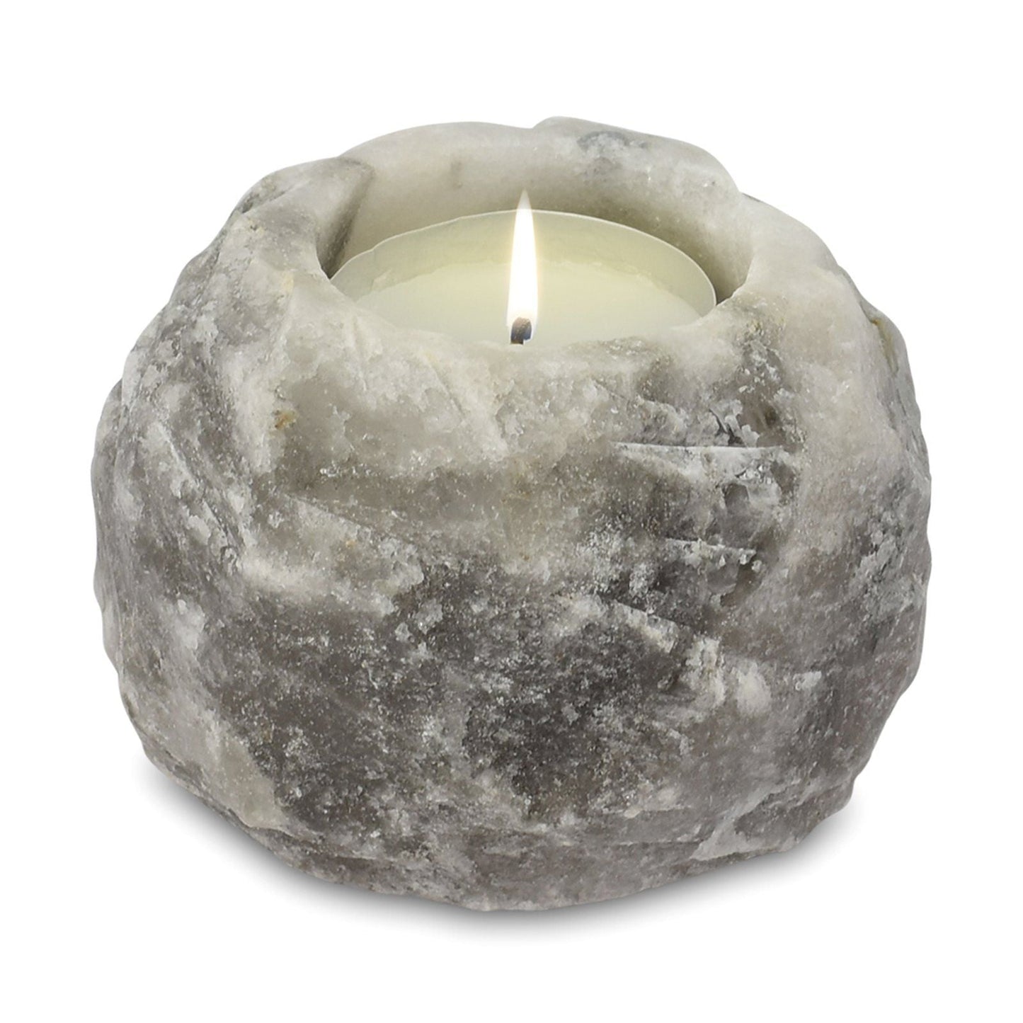 Grey Himalayan Salt Candle Holder – 600-800G grey natural Himalayan salt tealight holder with candle, rustic home décor accent