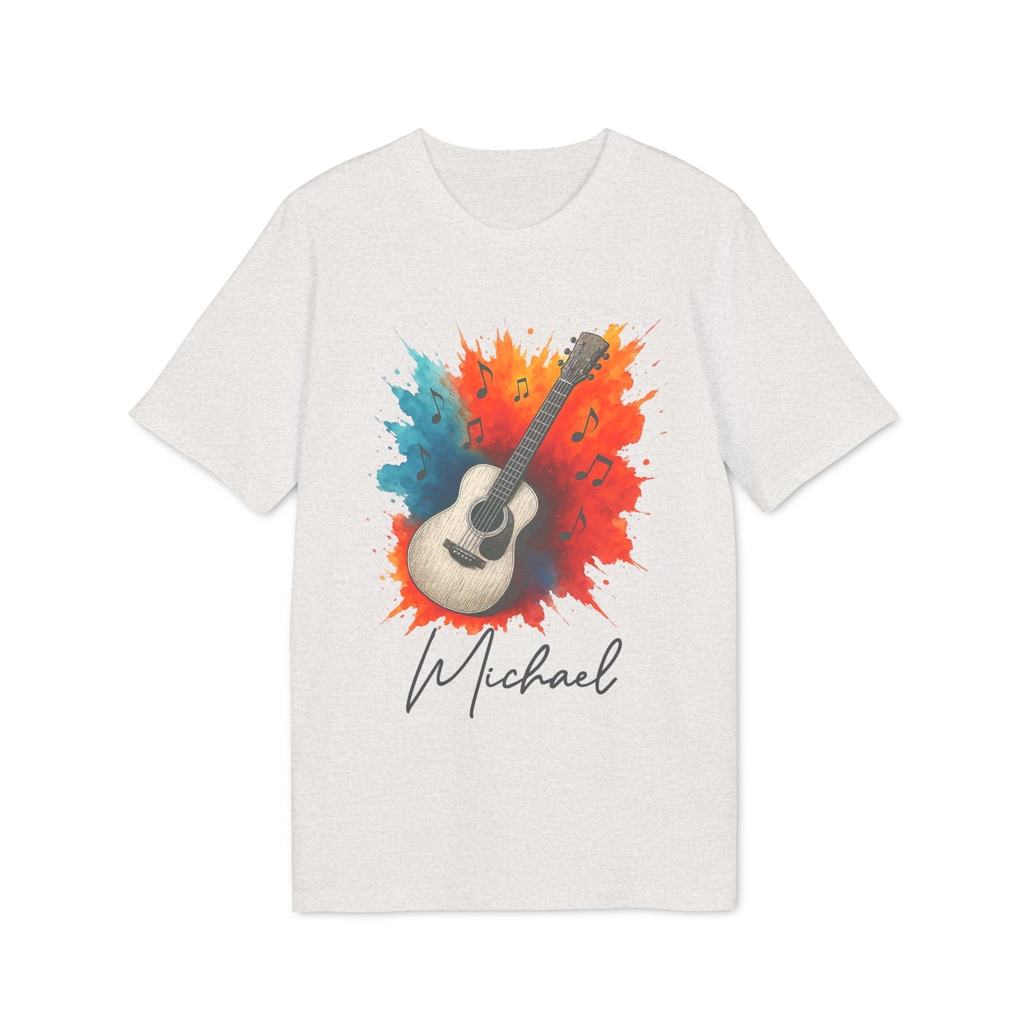 Alt Tag: Guitarr Men Personalized Premium Unisex T-Shirt blanco con guitarra acústica y salpicaduras de color, nombre personalizado "Michael"