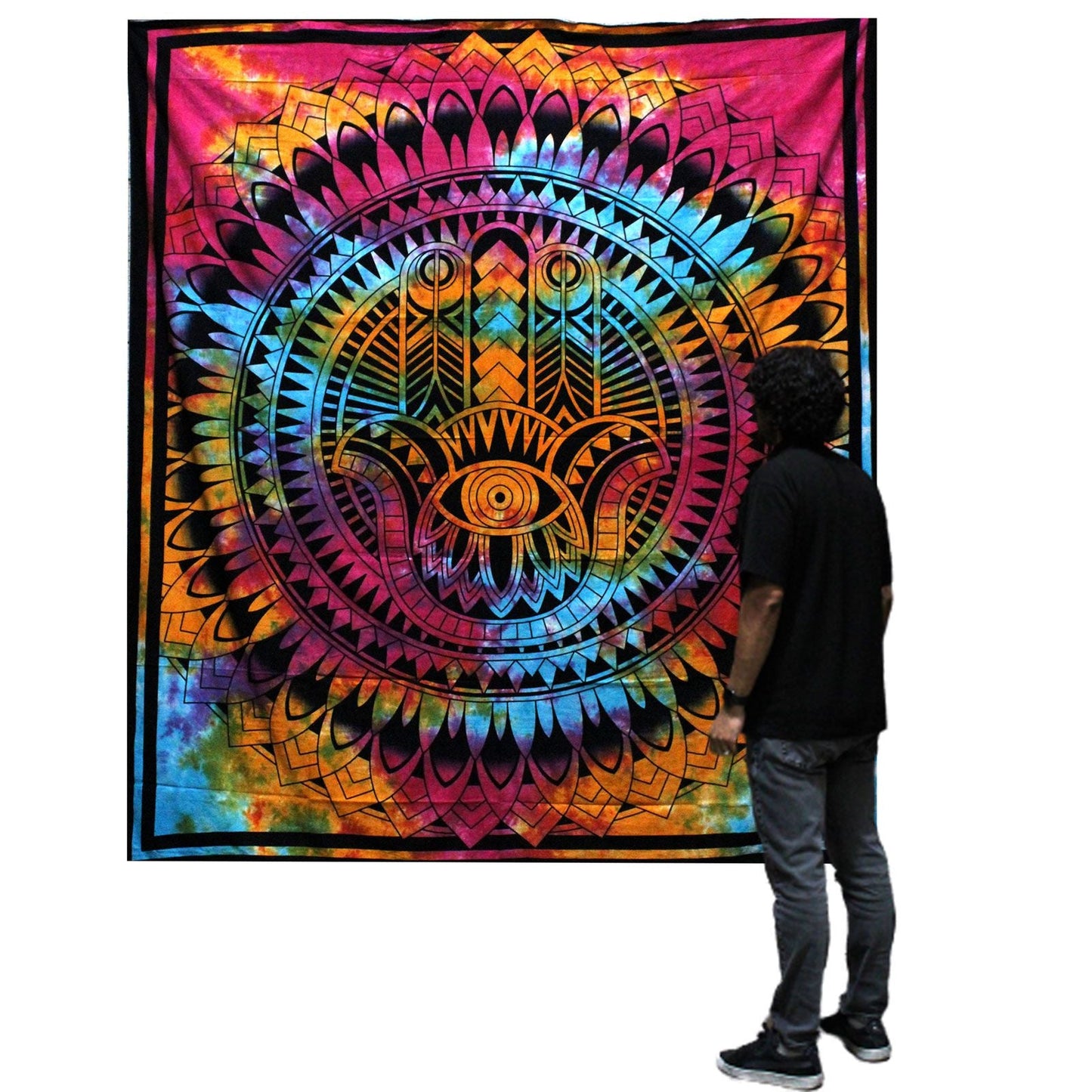 Alt Tag: Elegantly Crafted Cotton Bedspread – 230x200 CM con diseño Hamsa multicolor tipo mandala, cubrecama de algodón para cama doble