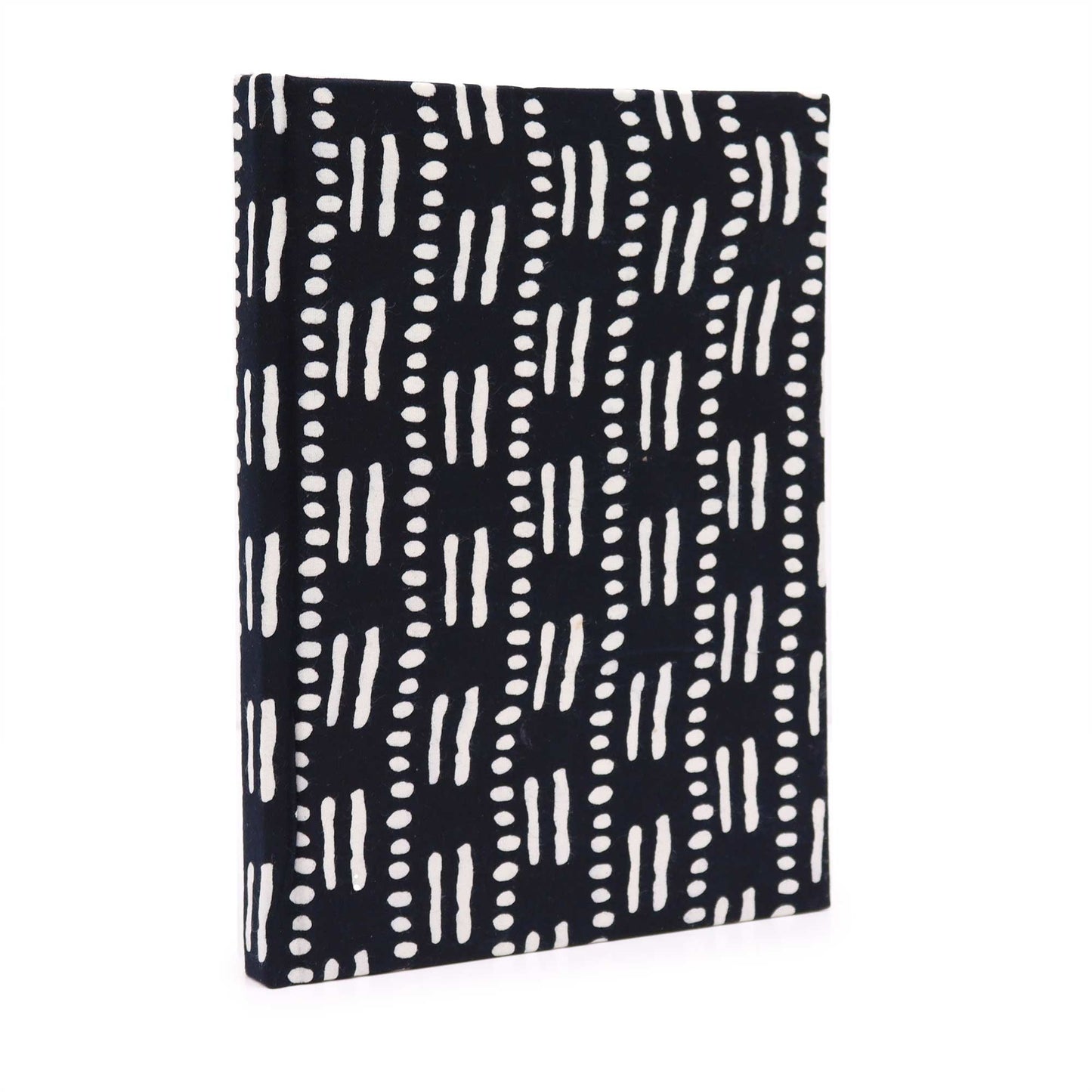 Alt Tag: Handcrafted Cotton Notebook – 20x15 CM – Black Dots & Dashes, black cotton cover with white dotted and dashed pattern
