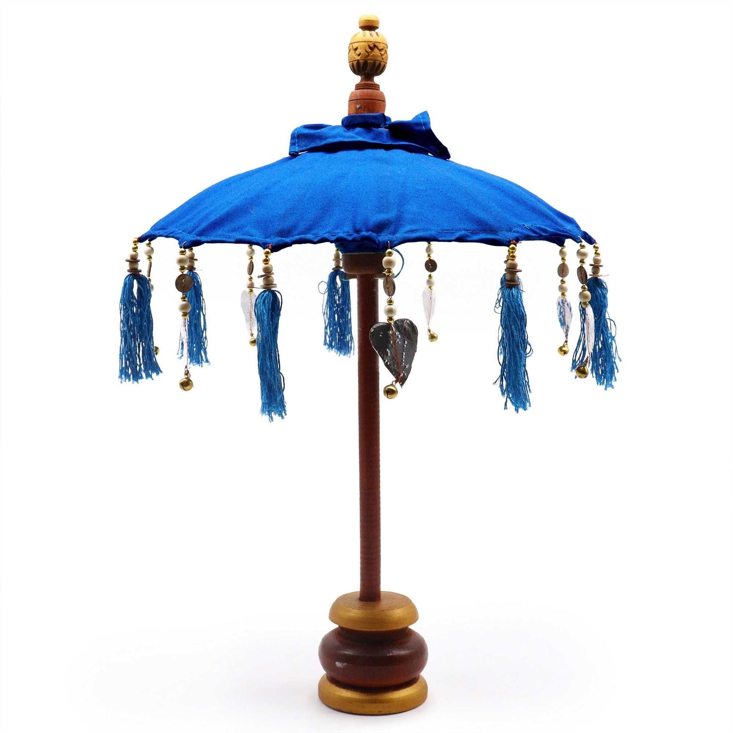Handcrafted Cotton Parasol – Blue 40CM, Balinese blue cotton decorative parasol with tassels and wooden stand