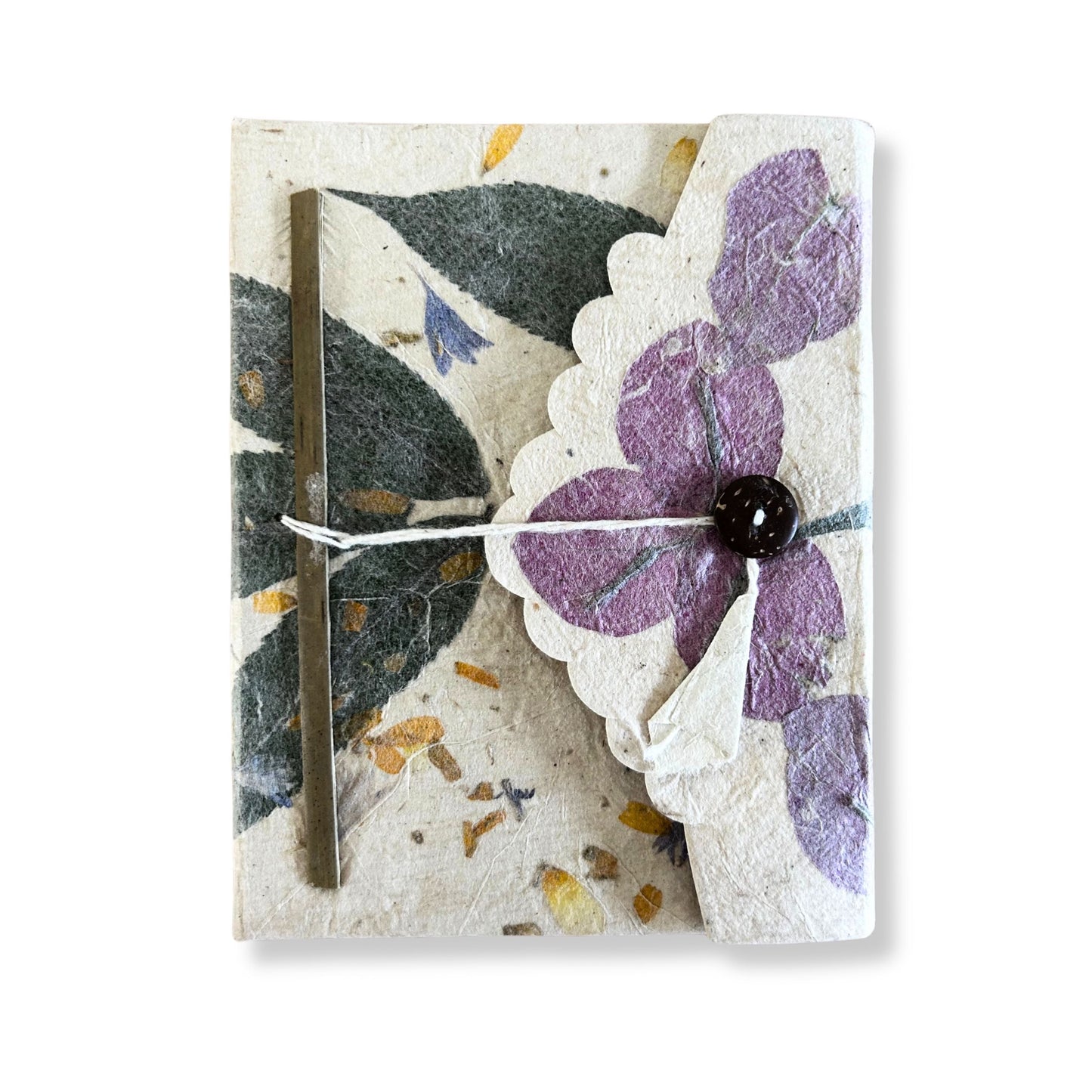 Handcrafted Lokta Notebook – Large 15x12 CM, Lokta paper cover with pressed purple bougainvillea petals and button tie closure