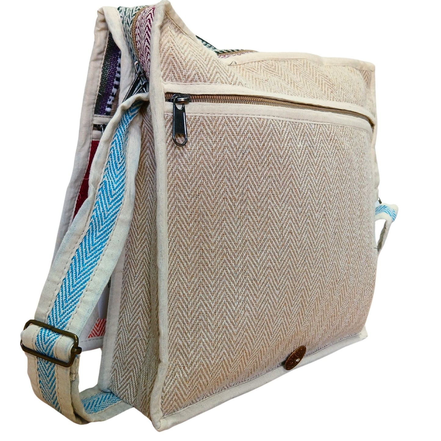 Hampa & bomull Laptop-messengerväska – Triangle Design beige fiskbensmönstrad canvas-messengerväska med ficka med dragkedja och justerbar vävd rem