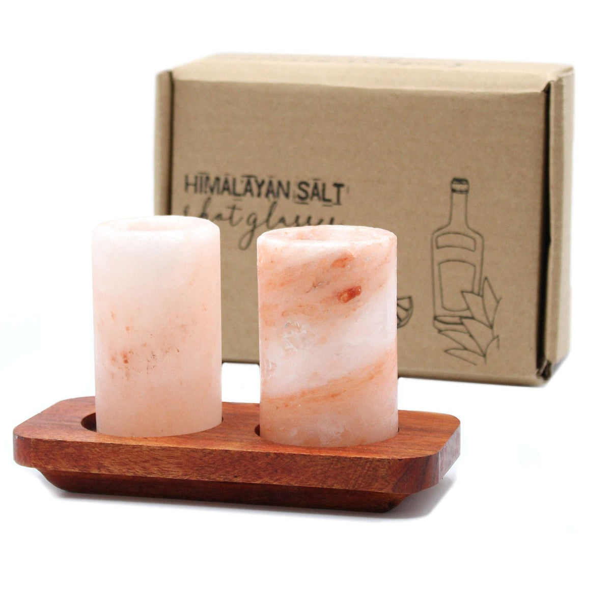 Himalayan Salt Shot Glasses – Wood Stand Set of 2, natural salt shot glasses on wooden stand with gift box