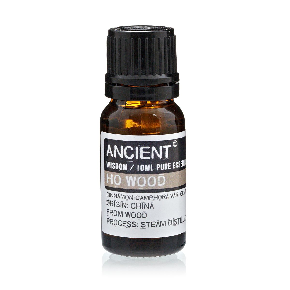 Alt-Tag: Ho Wood ätherisches Öl – 10-ml-Braunglasflasche mit schwarzem Verschluss, Ancient Wisdom Etikett, dampfdestilliertes Ho Wood ätherisches Öl
