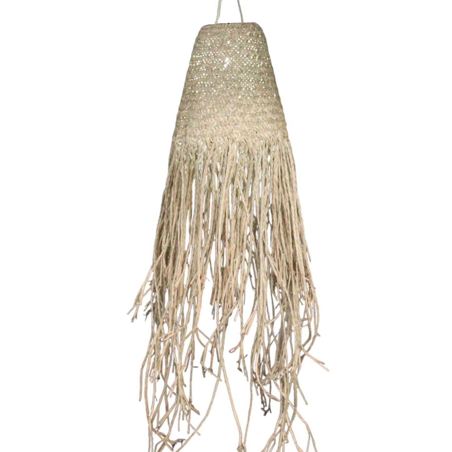 Pantalla de lámpara colgante Hoorahgrass – 20x15CM, lámpara colgante artesanal tejida en Indonesia con Fimbristylis Miliacea y flecos