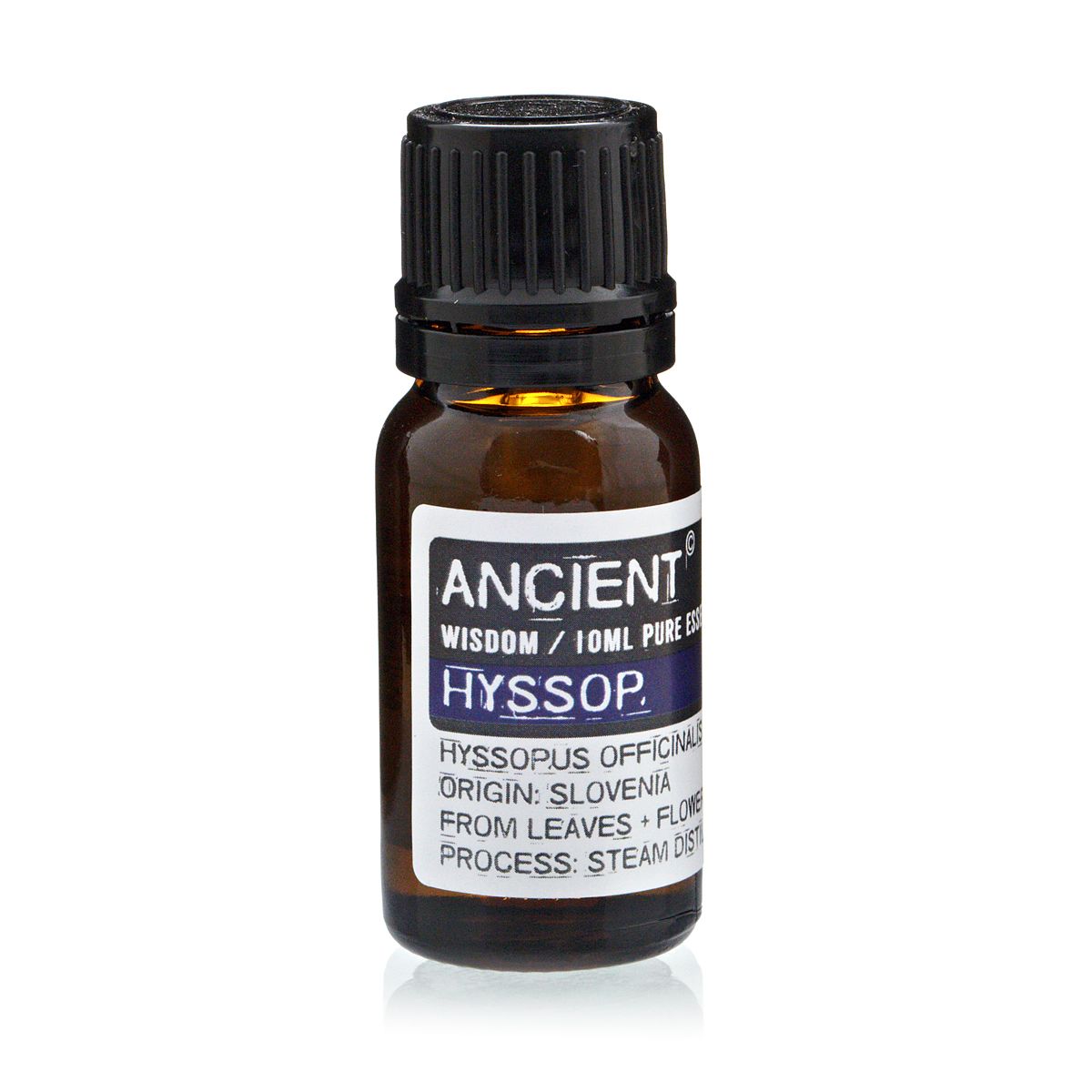 Alt-tag: Isop eterisk olja – 10 ml bärnstensfärgad glasflaska med svart kork, Ancient Wisdom-etikett för isop eterisk olja