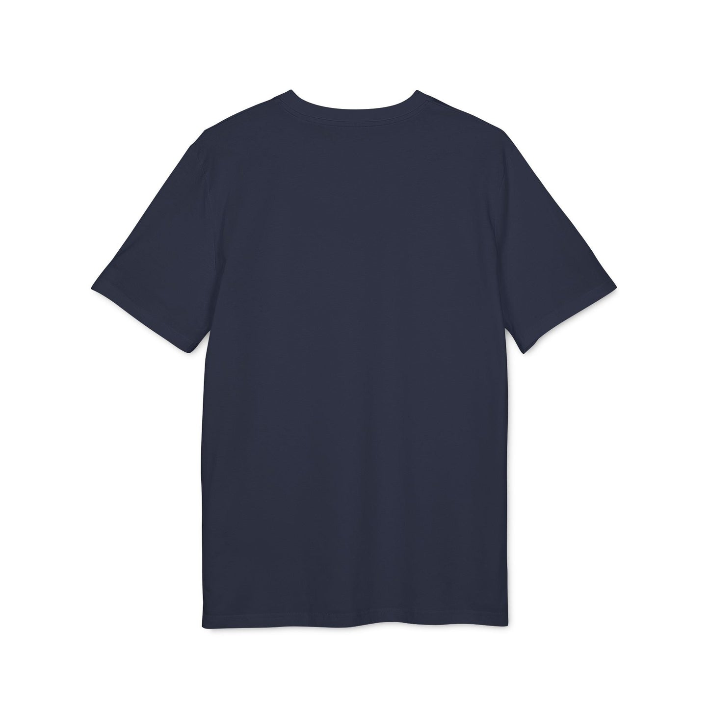 Alt Tag: Inhalar Exhalar Sonreír Sostenible Vivir Lento 100% Organic Cotton T-Shirt camiseta azul marino de manga corta, vista frontal