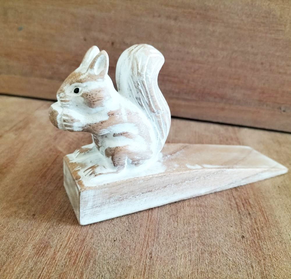 Alt Tag: Jempines Wood Squirrel Doorstop – 16x4x9 CM, hand-carved wooden squirrel door wedge with rustic whitewashed finish