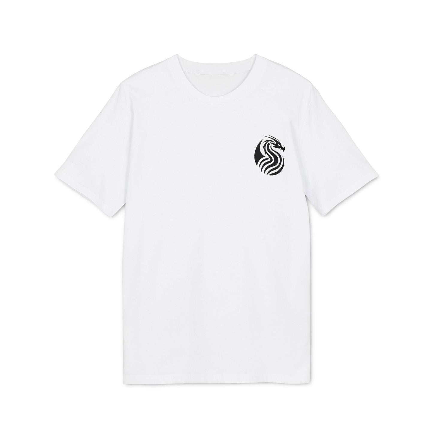 Alt Tag: Joven Dragon Premium Unisex T-Shirt blanca con logo de dragón negro en el pecho, vista frontal
